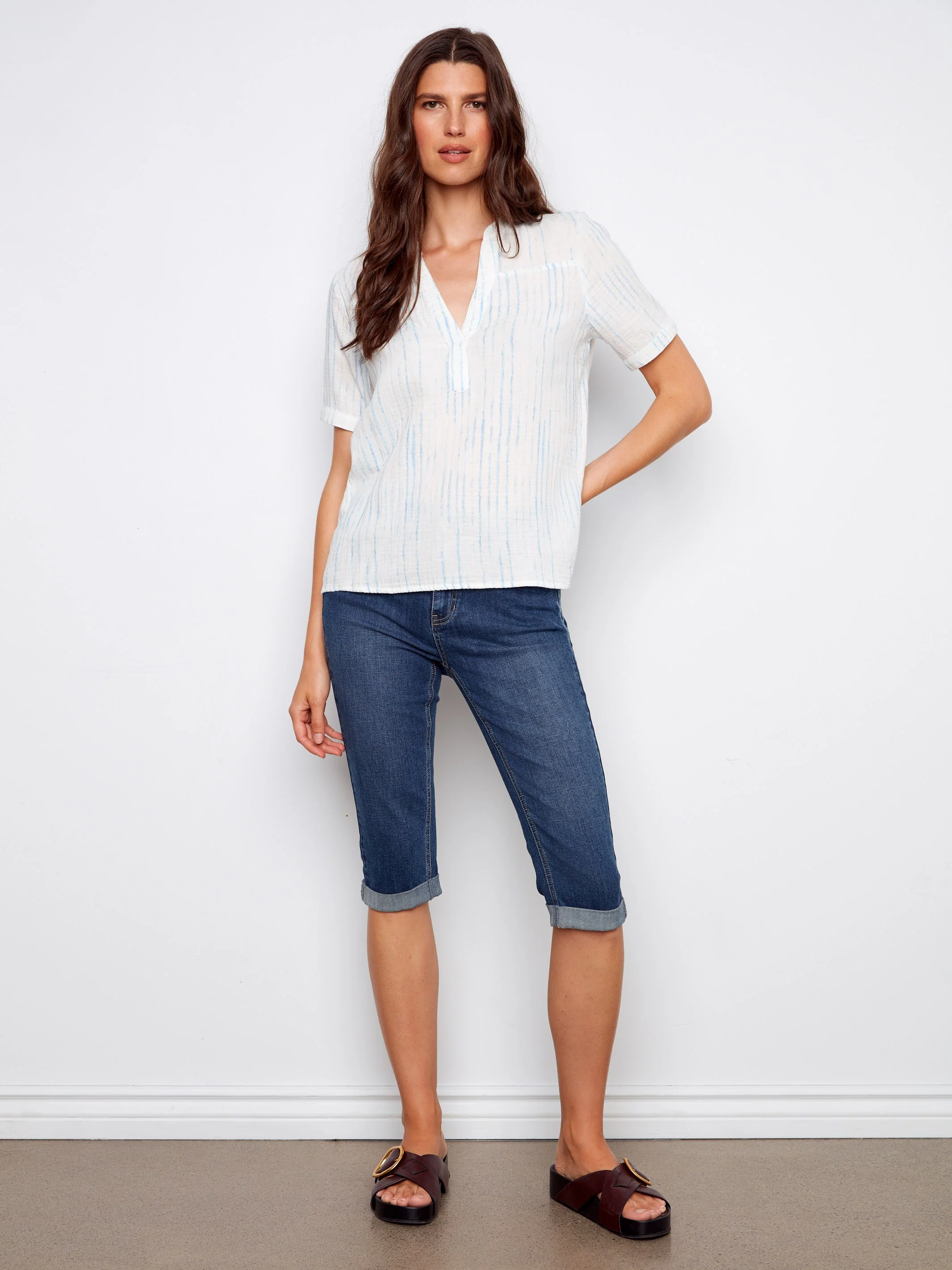 Printed Bubble Cotton Blouse - Stripes - Image 2