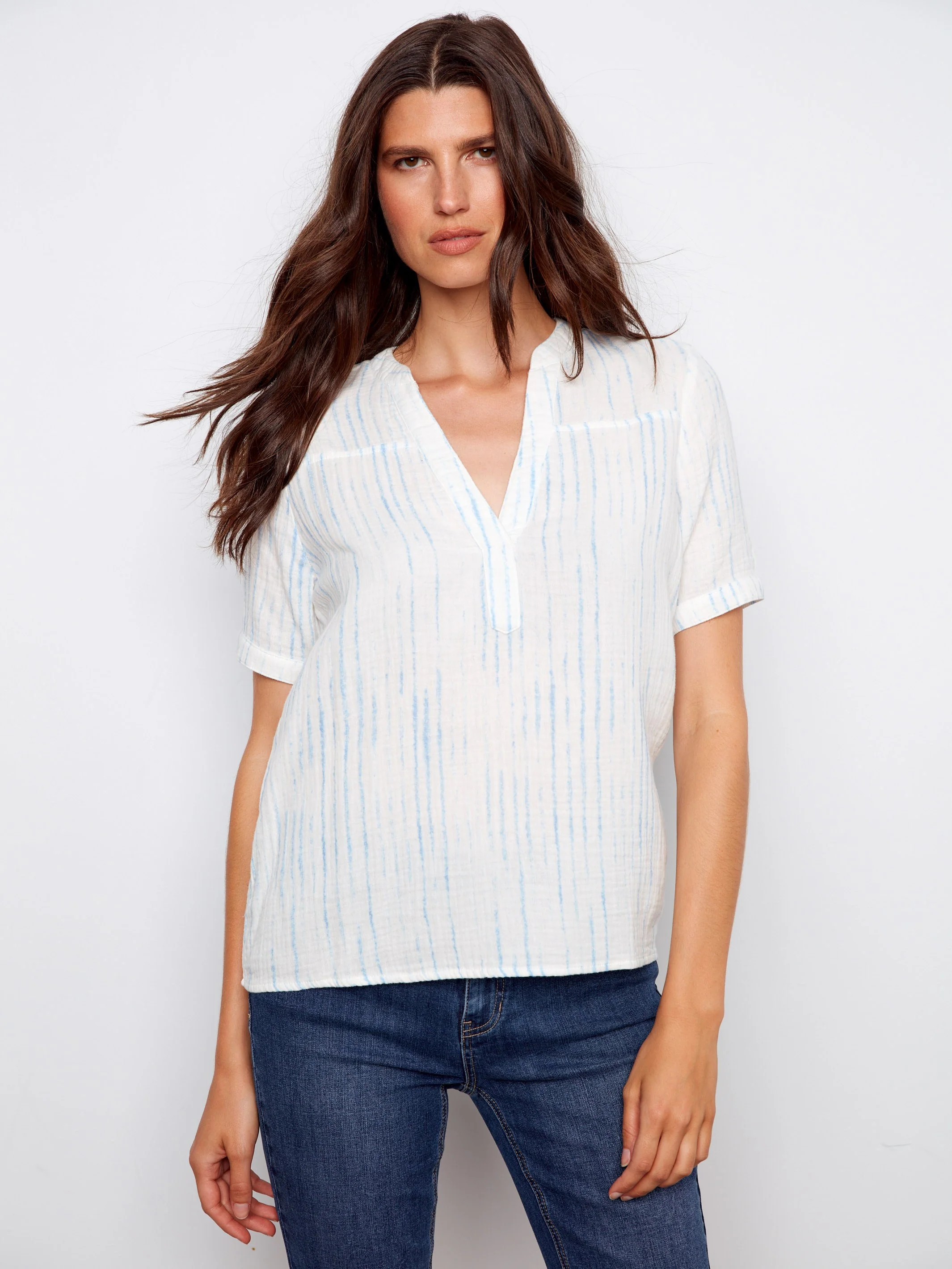 Printed Bubble Cotton Blouse - Stripes - Image 3