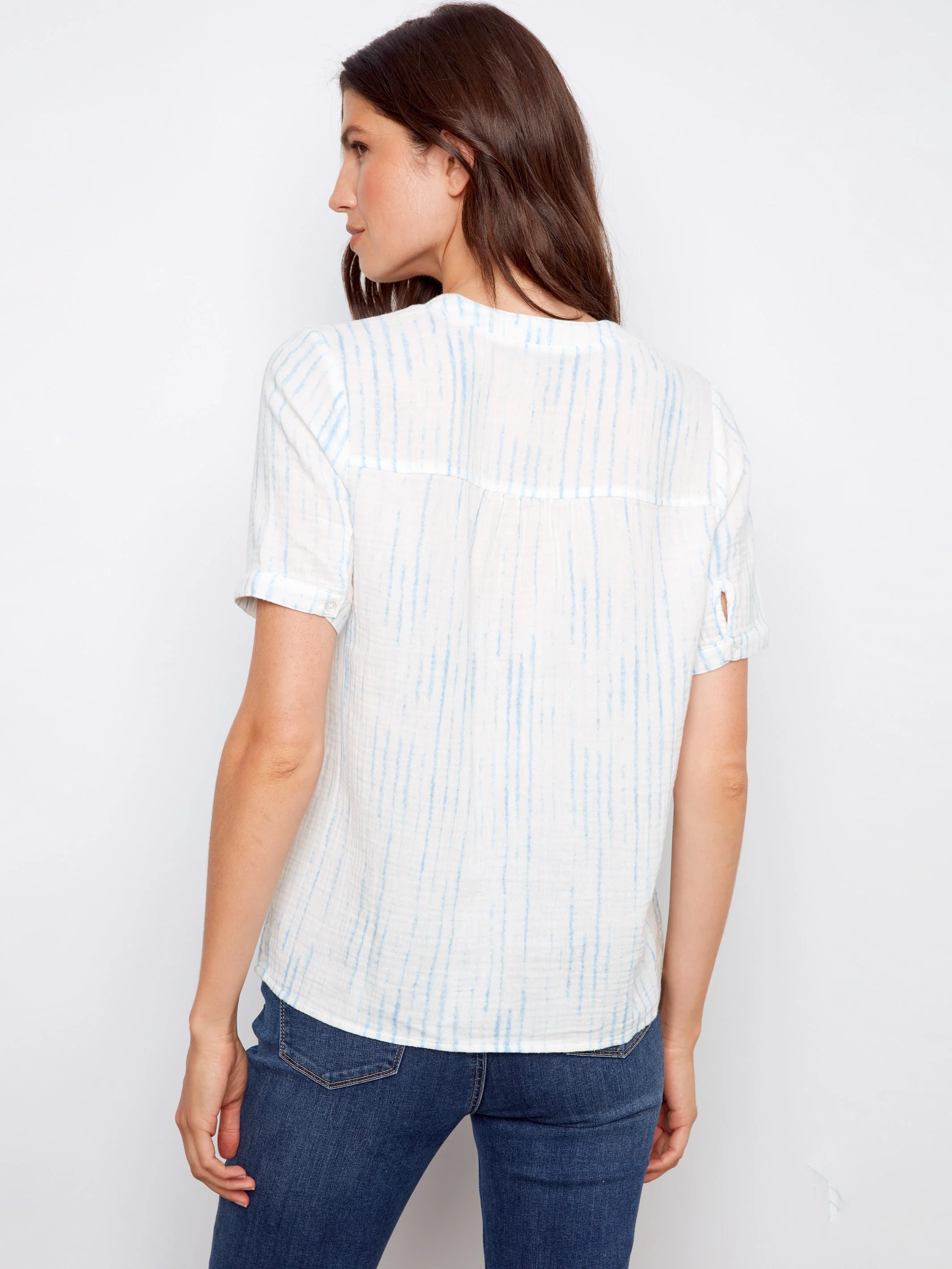 Printed Bubble Cotton Blouse - Stripes - Image 4