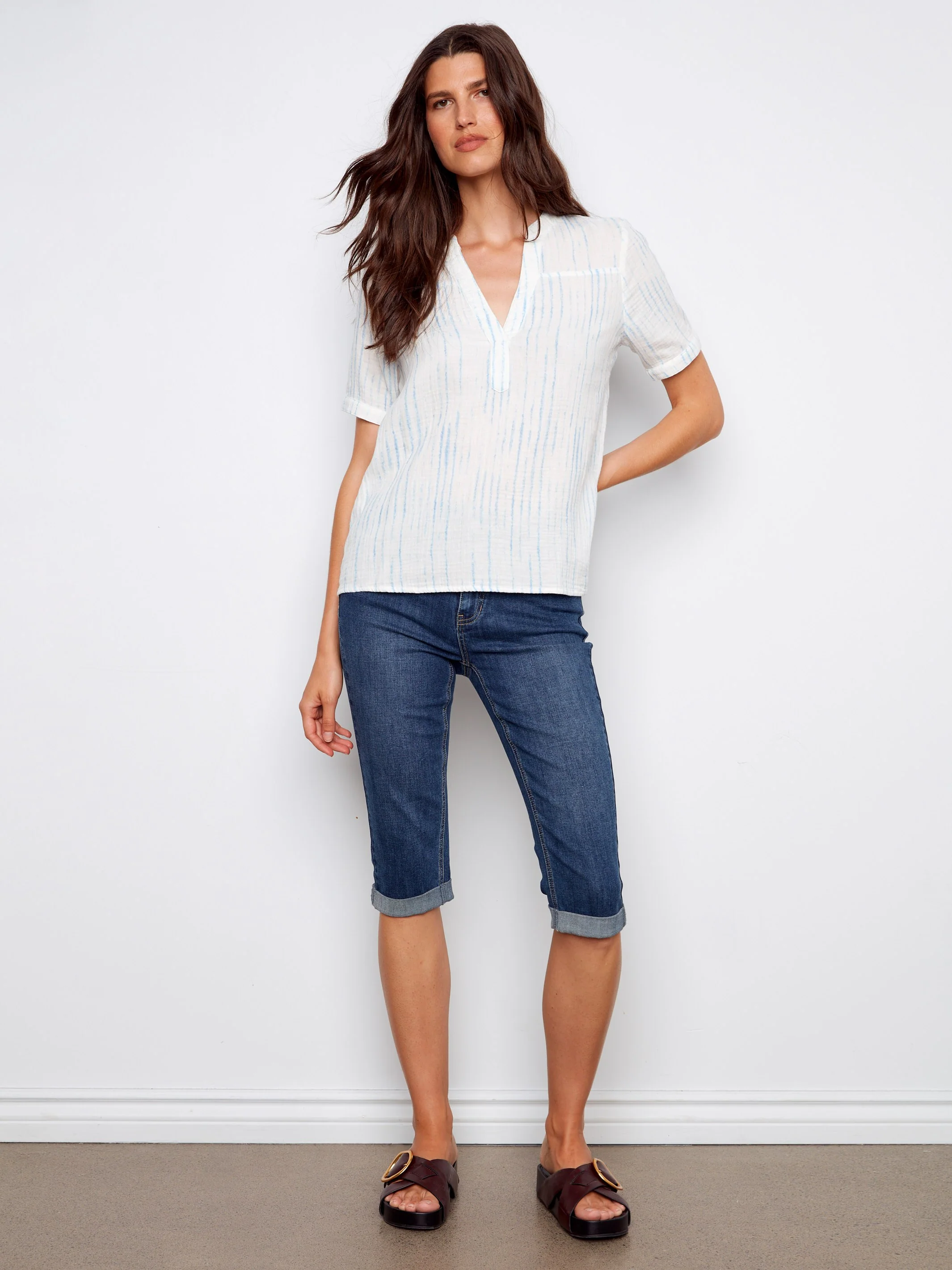 Printed Bubble Cotton Blouse - Stripes - Image 5