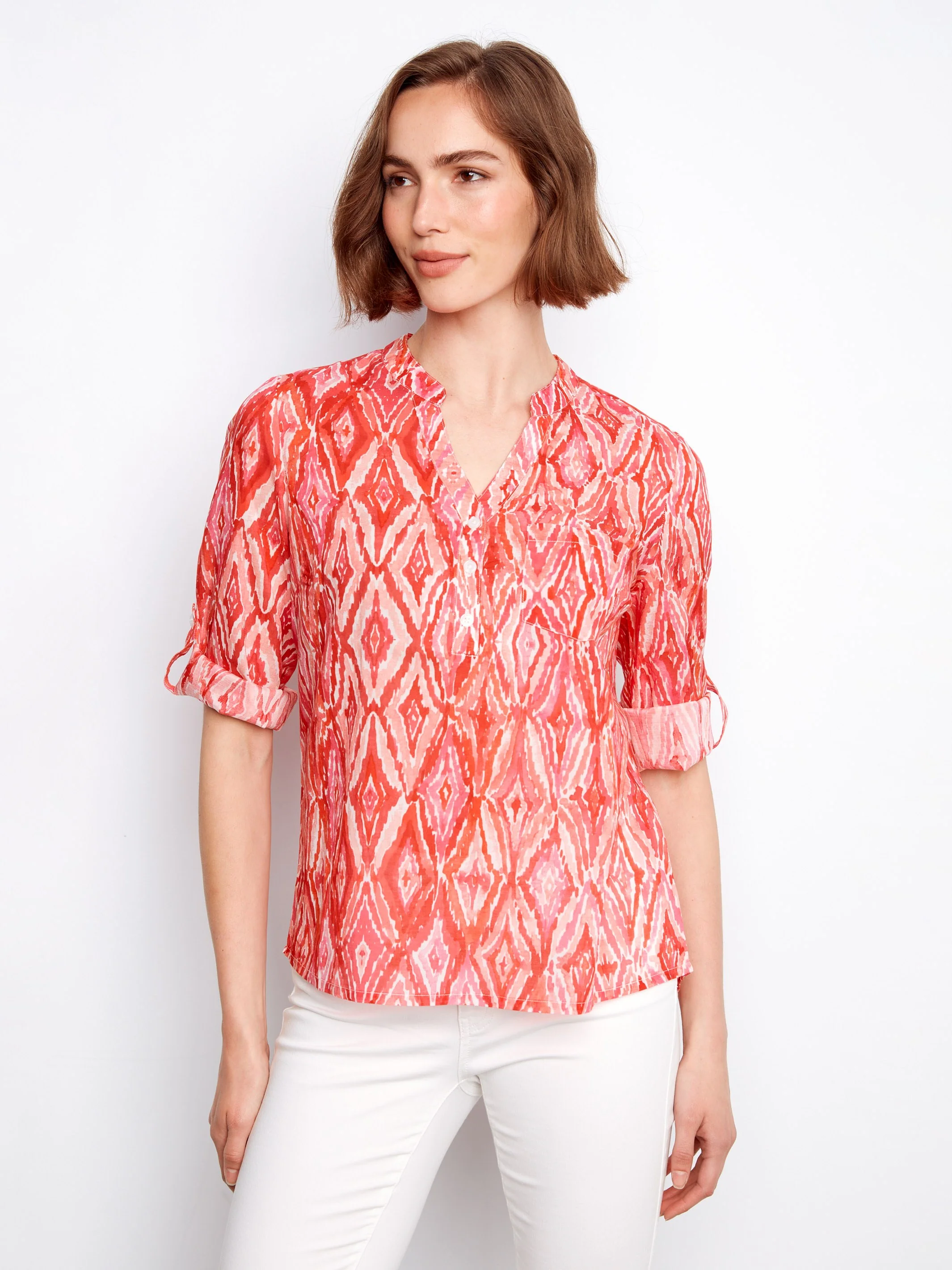 Printed Cotton Blend Half-Button Blouse - Scarlet - Image 3