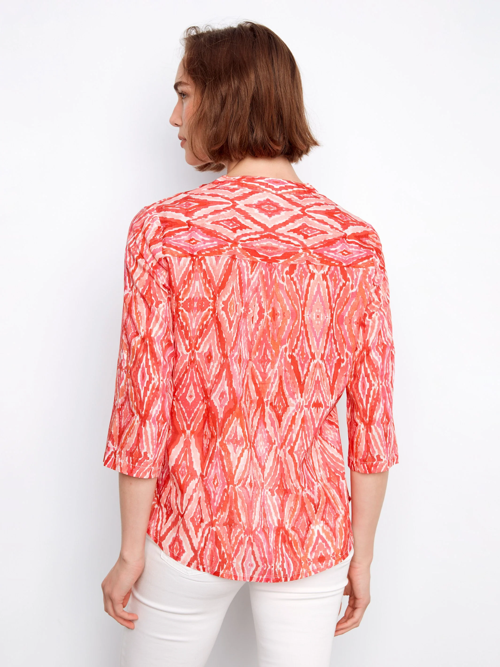 Printed Cotton Blend Half-Button Blouse - Scarlet - Image 4