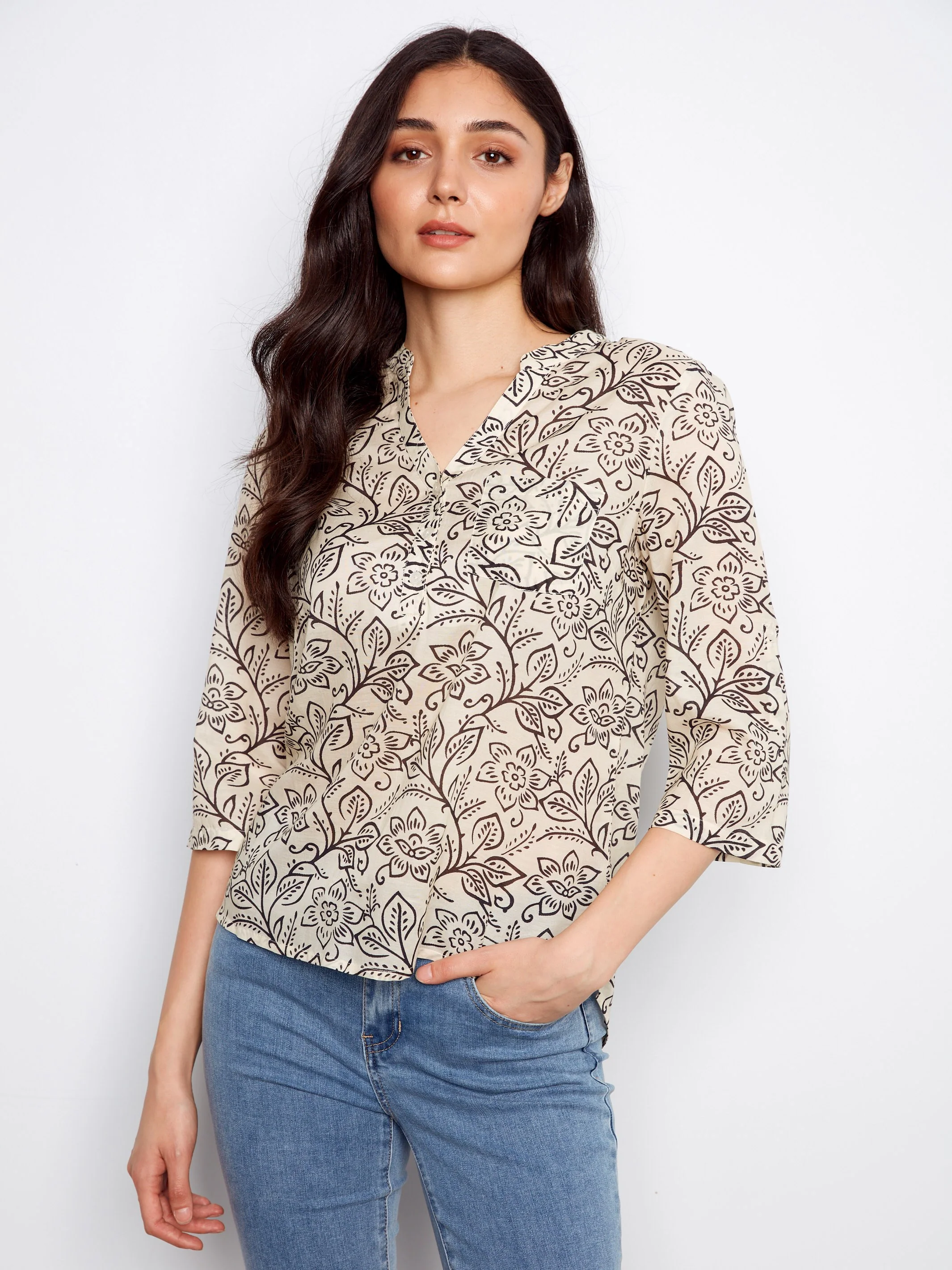 Printed Cotton Blend Half-Button Blouse - Karine - Image 3