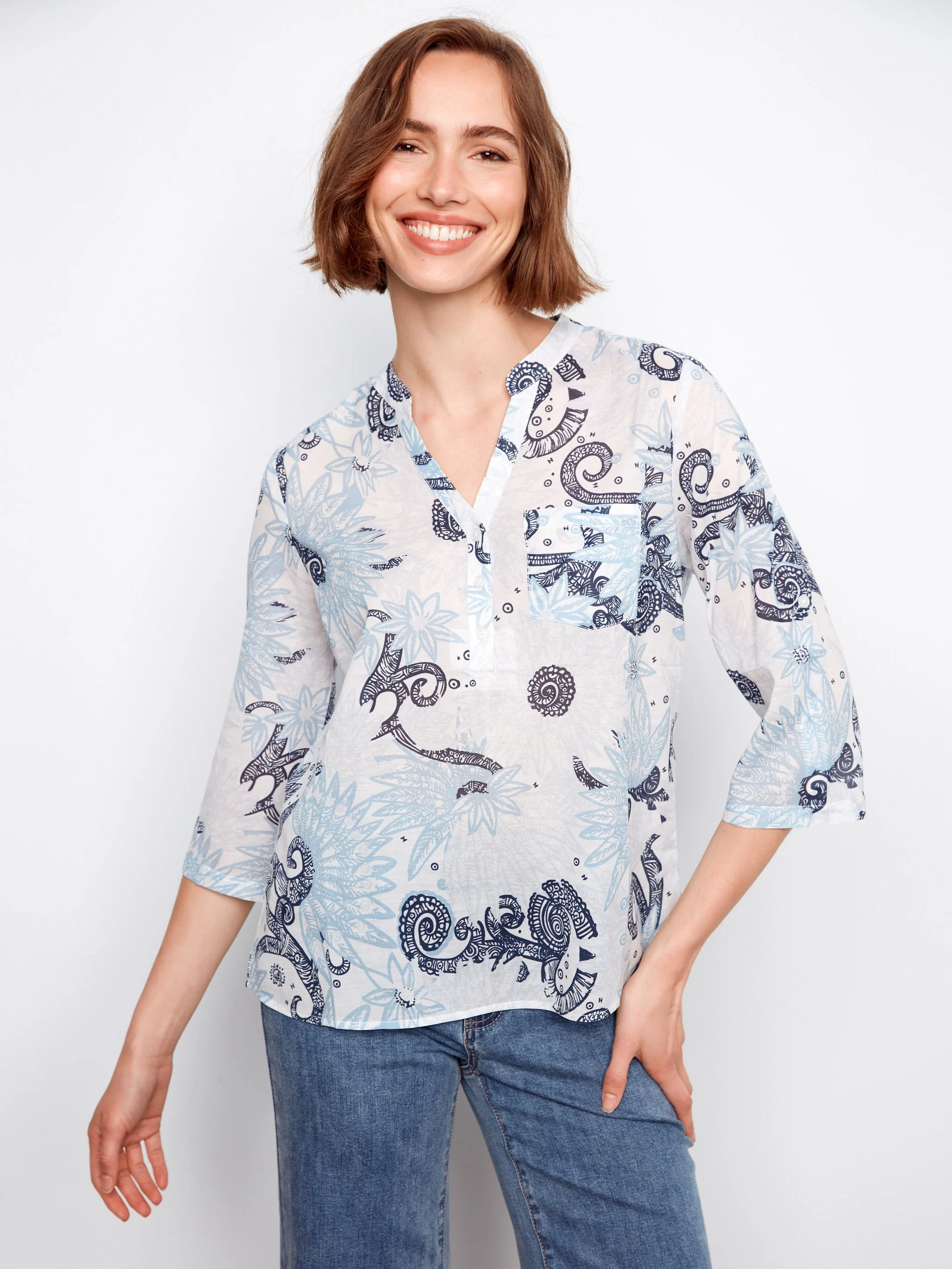 Printed Cotton Blend Half-Button Blouse - Feather - Image 2