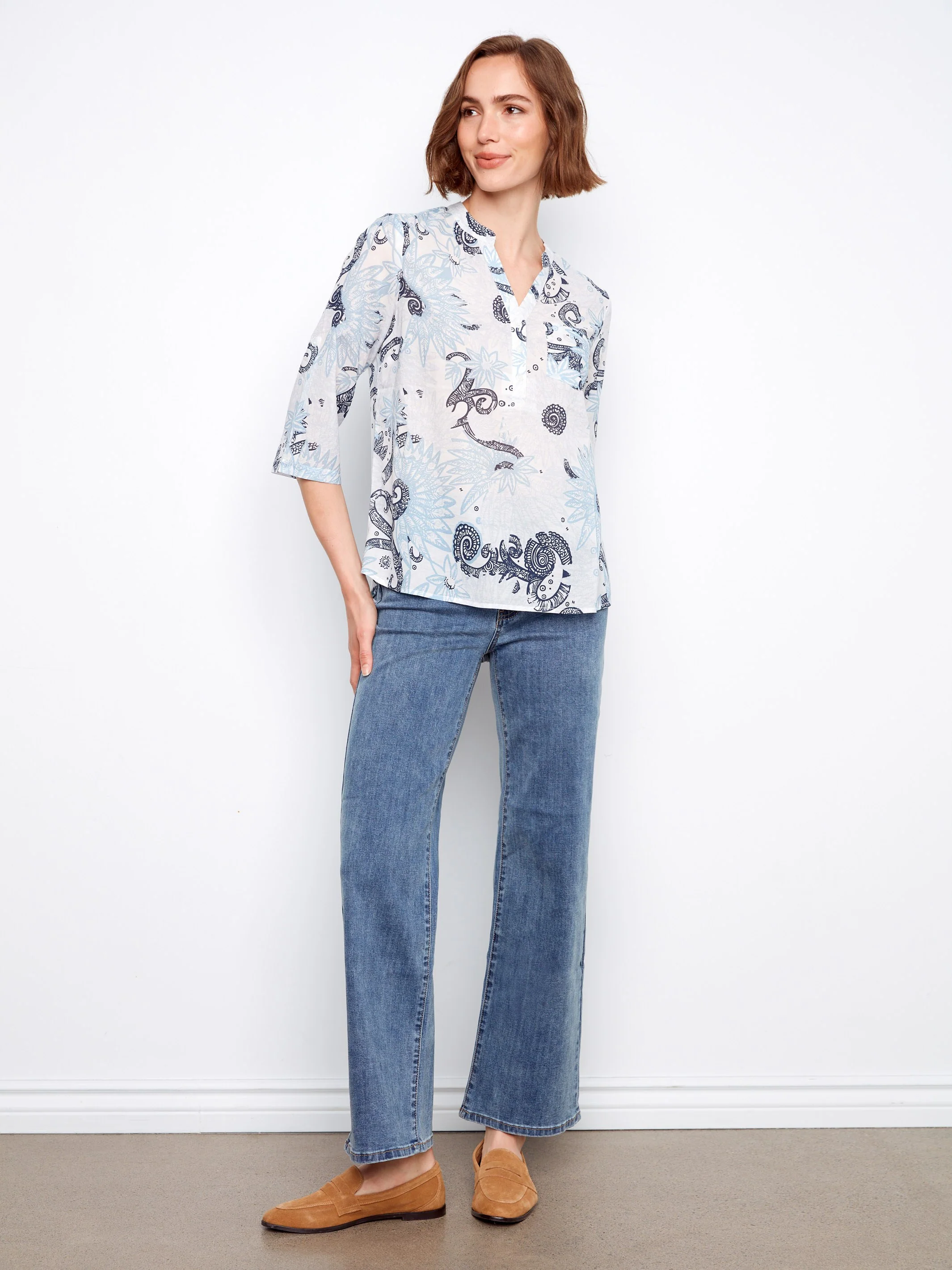 Printed Cotton Blend Half-Button Blouse - Feather - Image 3