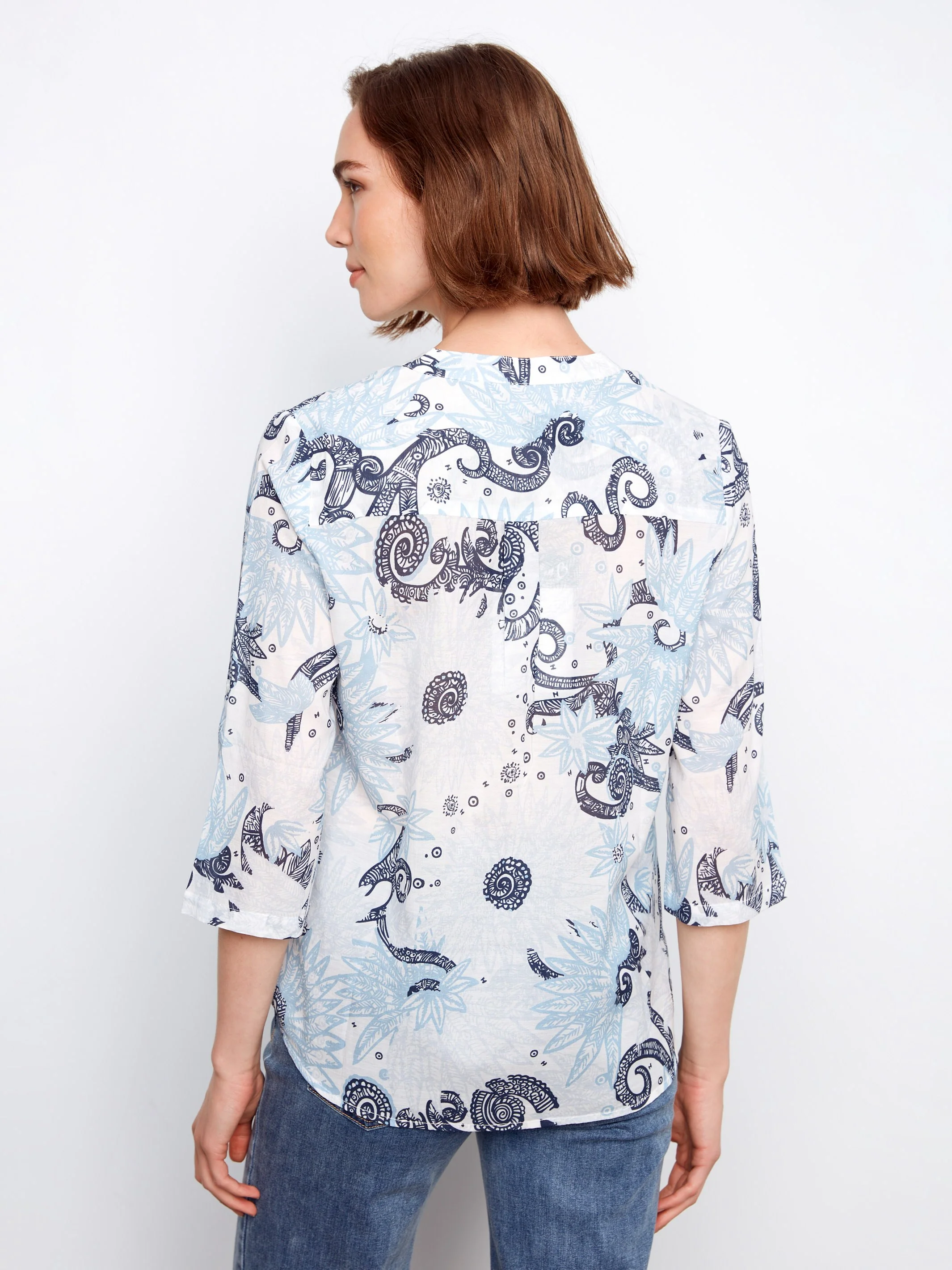 Printed Cotton Blend Half-Button Blouse - Feather - Image 6