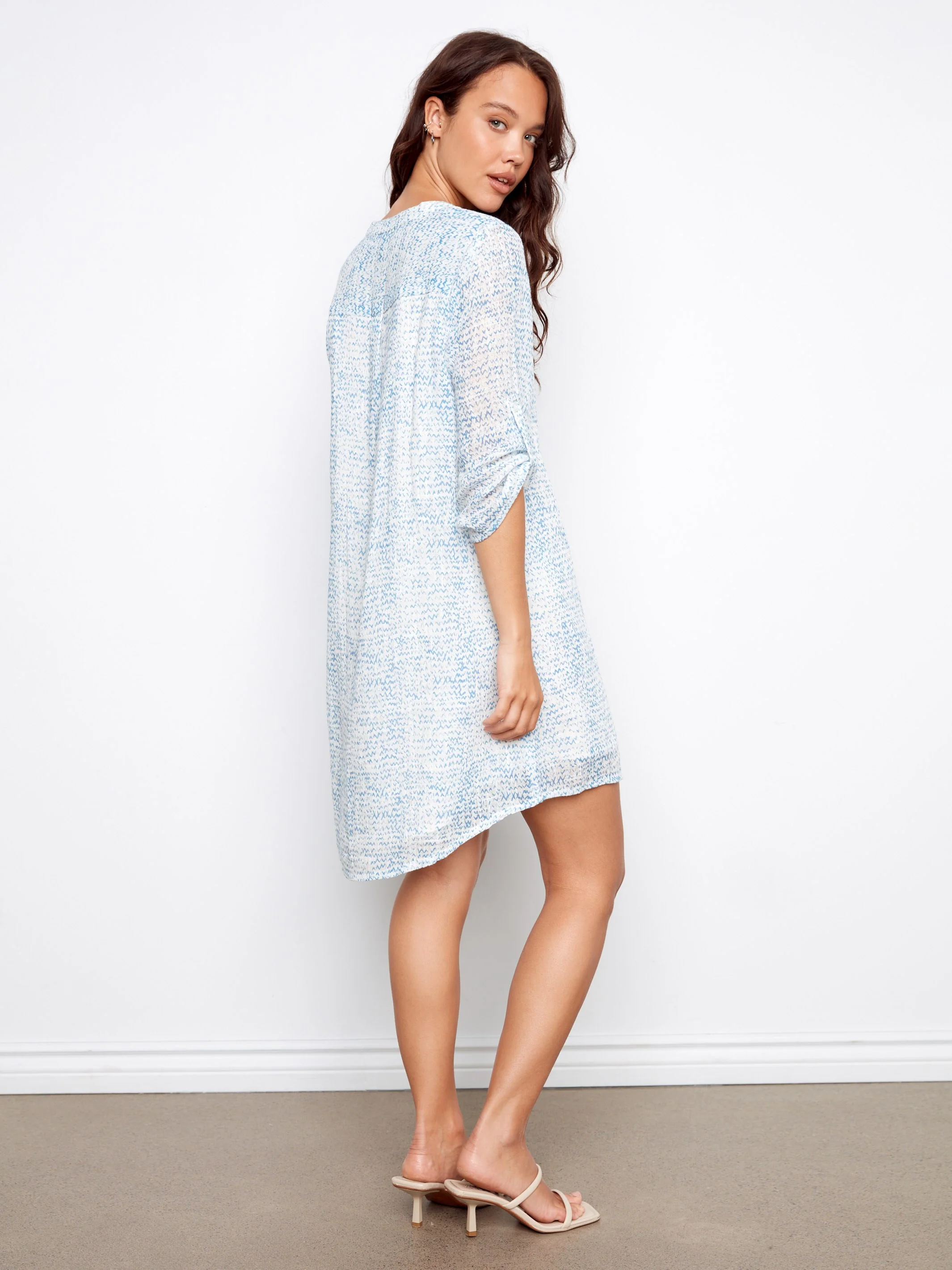 Printed Cotton Blend Henley Shirt Dress - Tide - Image 4