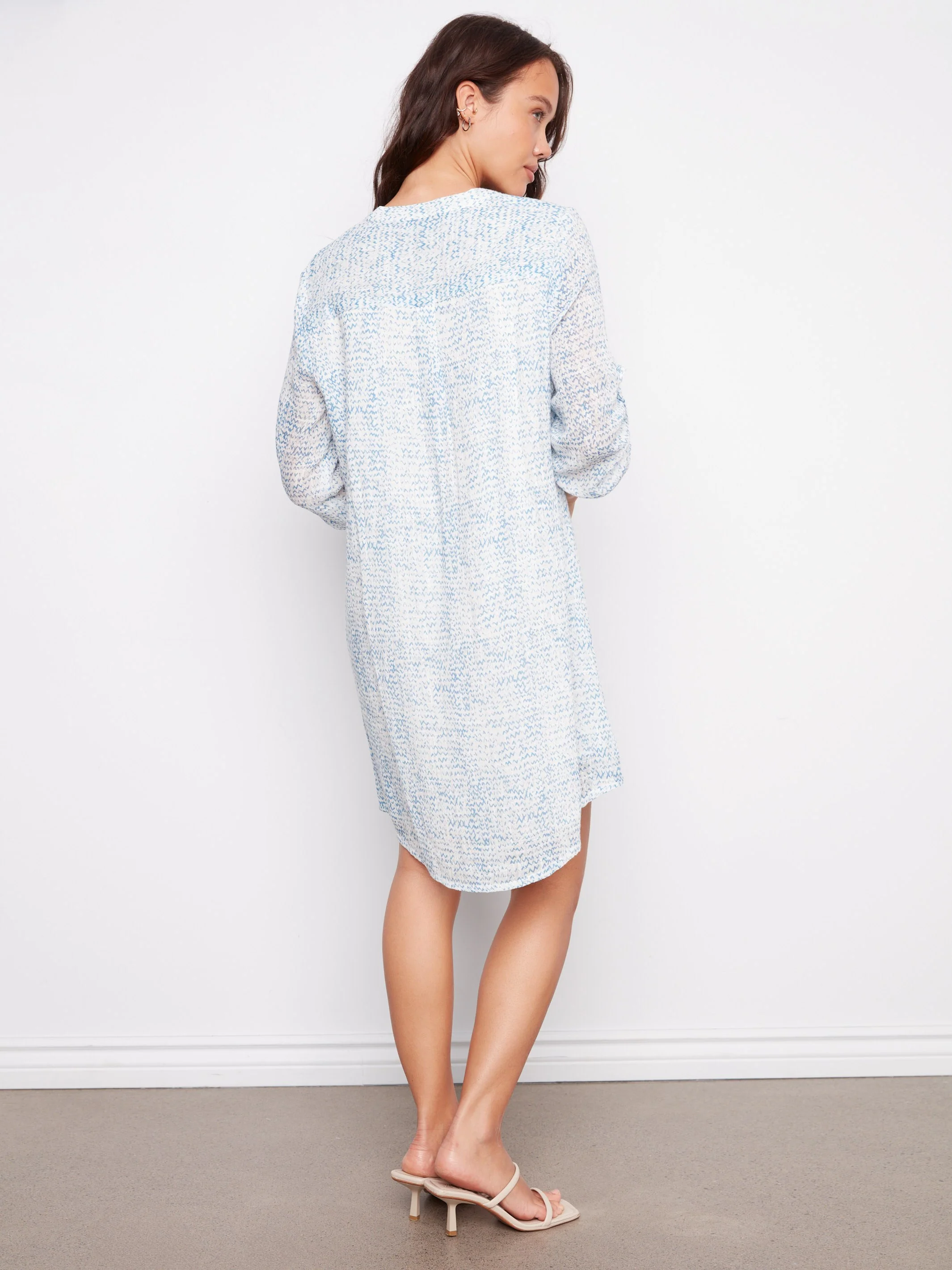 Printed Cotton Blend Henley Shirt Dress - Tide - Image 5