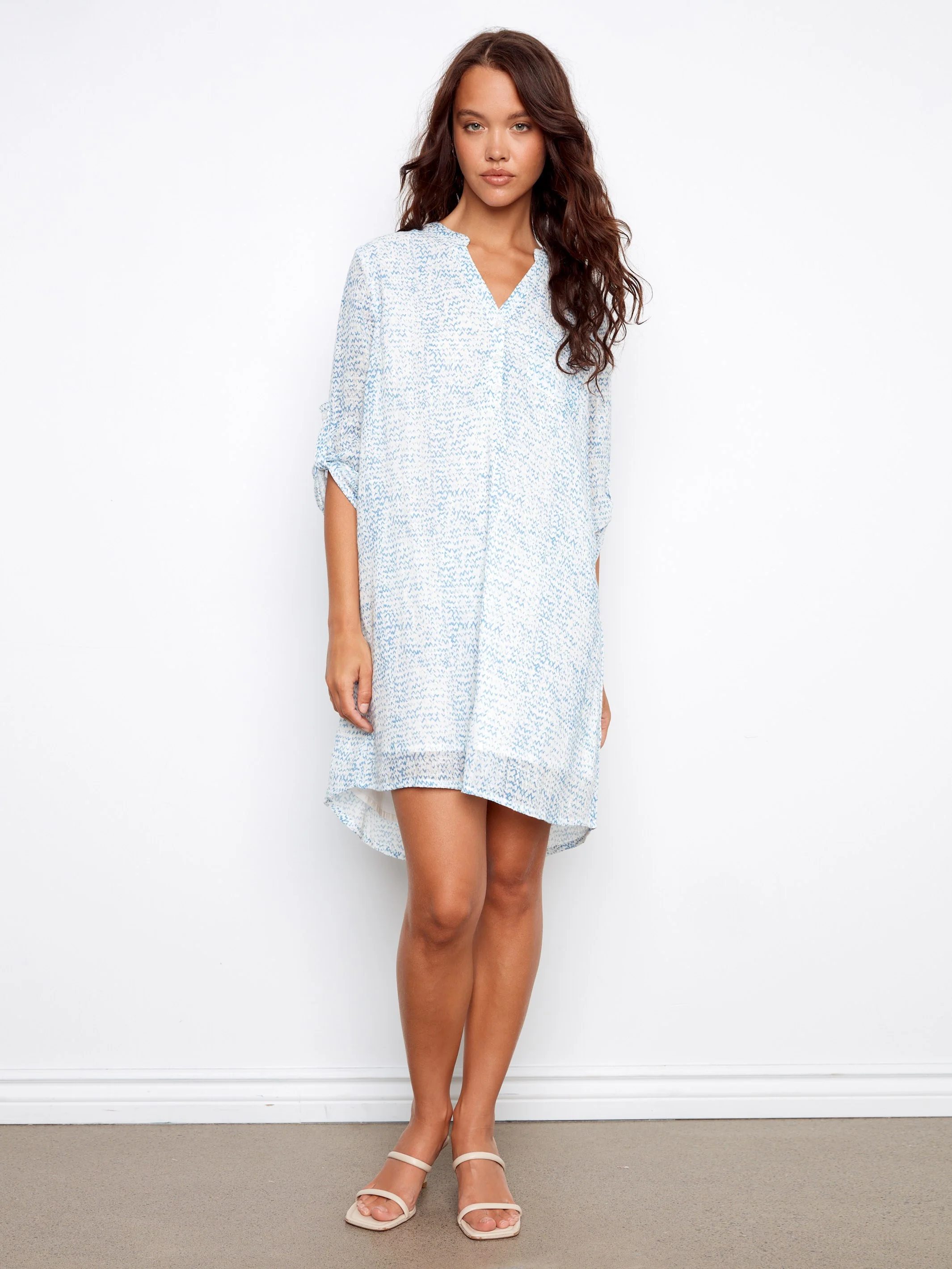 Printed Cotton Blend Henley Shirt Dress - Tide - Image 6