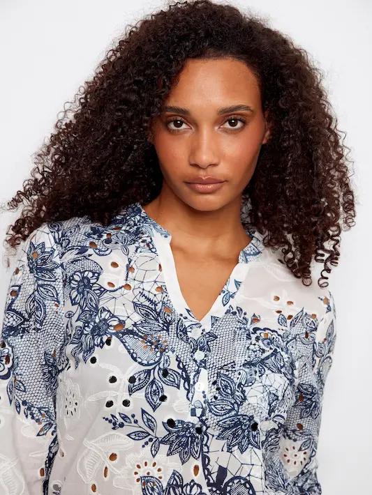 Printed Cotton Eyelet Half-Button Blouse - Lace - Image 3