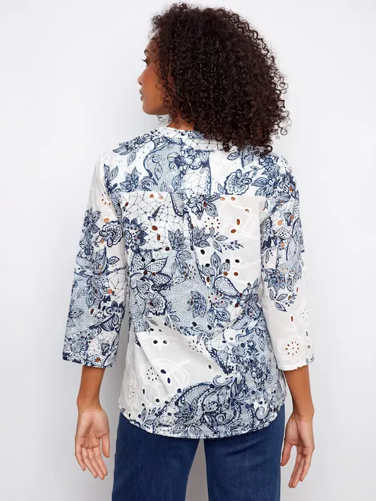 Printed Cotton Eyelet Half-Button Blouse - Lace - Image 4