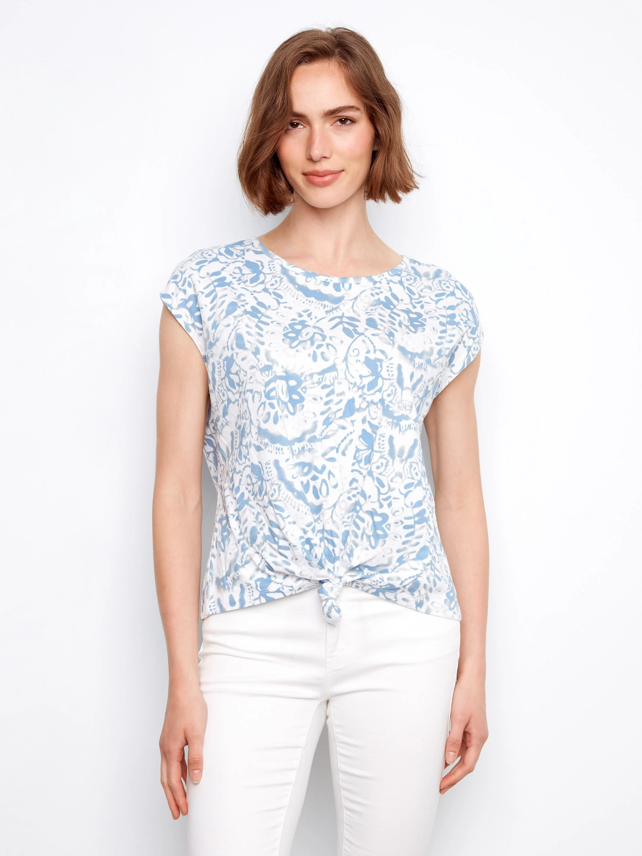 Printed Cotton Front Knot Top - Mystic