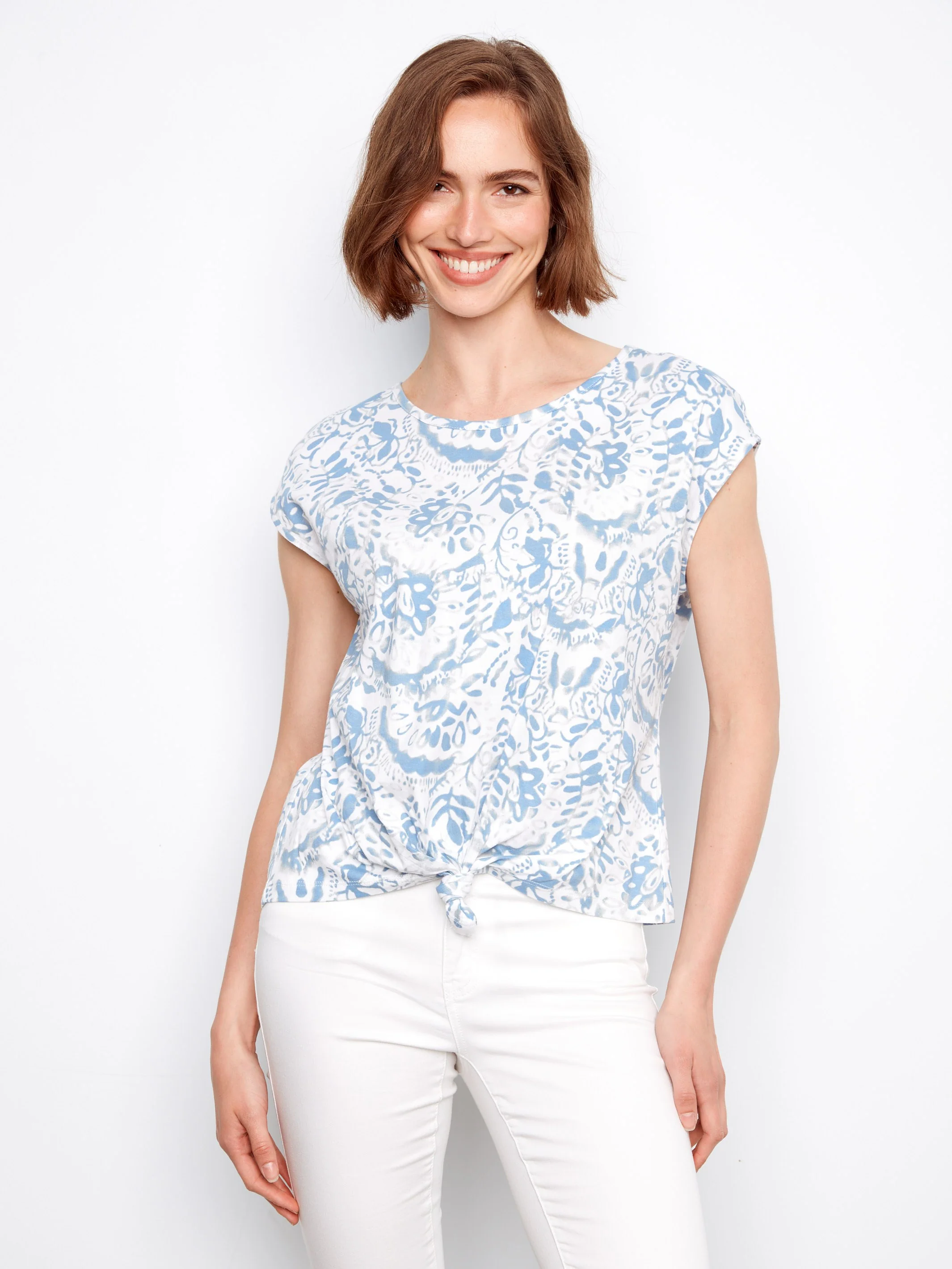 Printed Cotton Front Knot Top - Mystic - Image 3