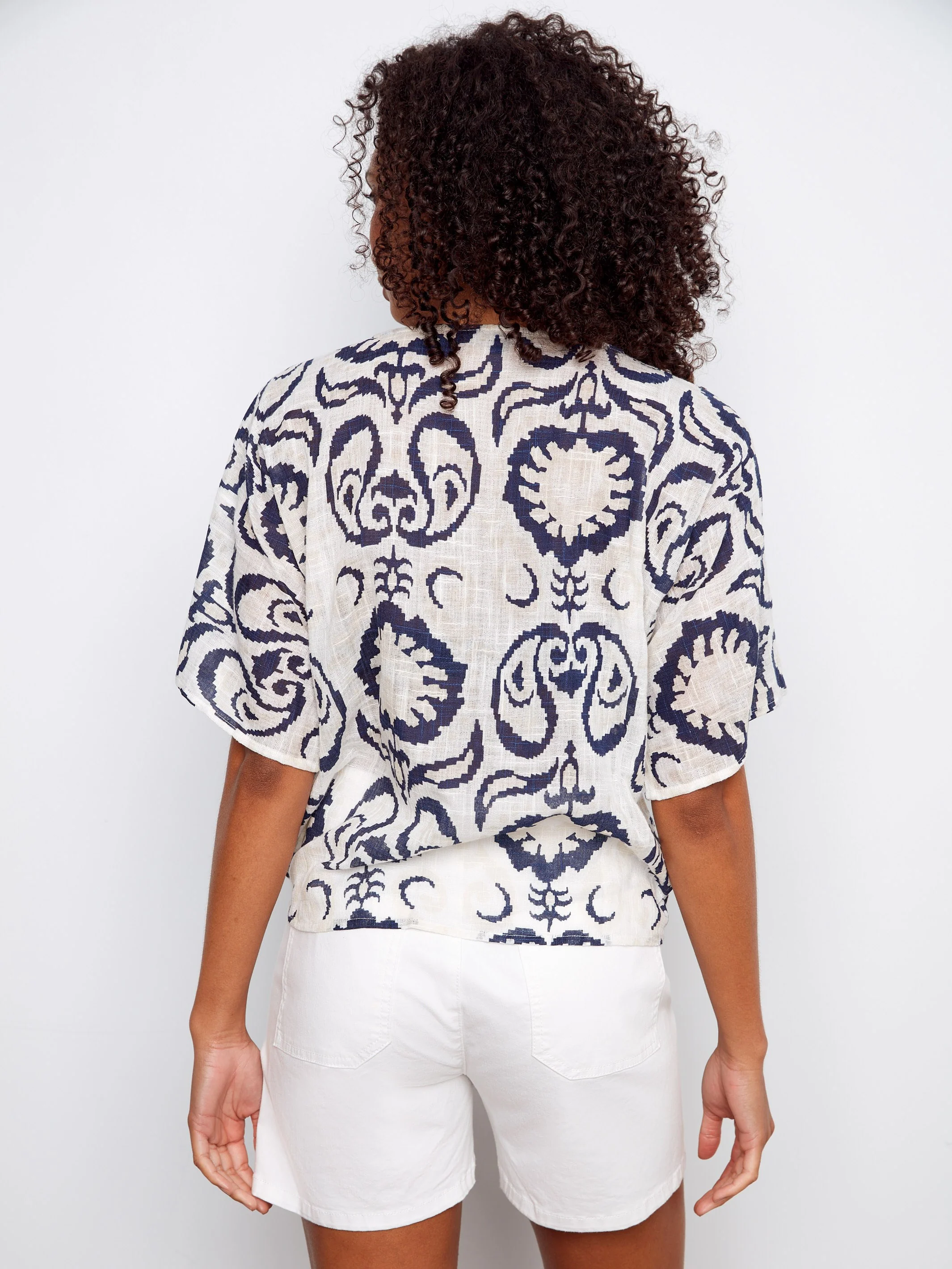 Printed Cotton Gauze Blouse With Side Tie - Ornament - Image 3