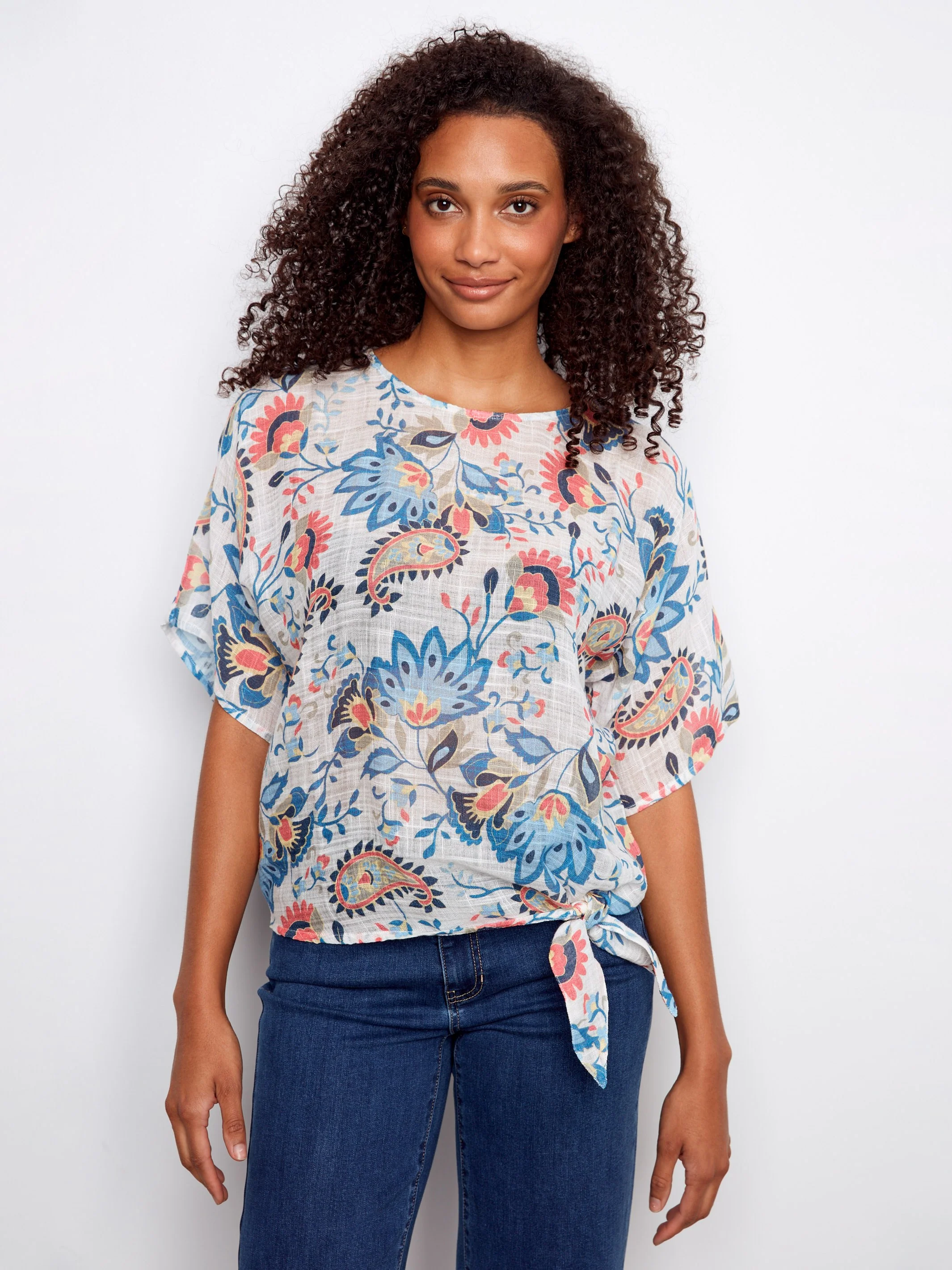 Printed Cotton Gauze Blouse With Side Tie - Rio - Image 3