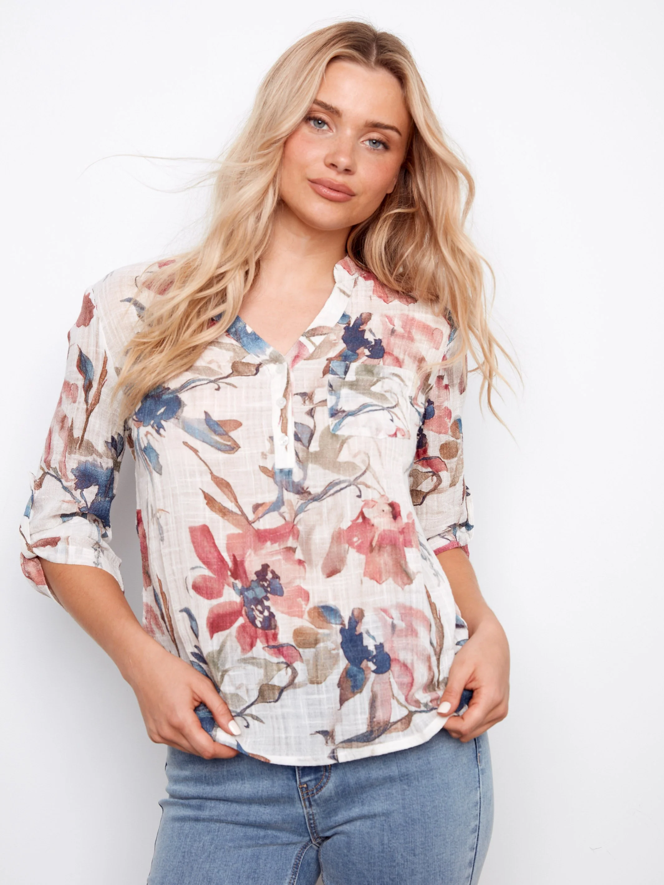 Printed Cotton Gauze Half-Button Blouse - Artist - Image 3