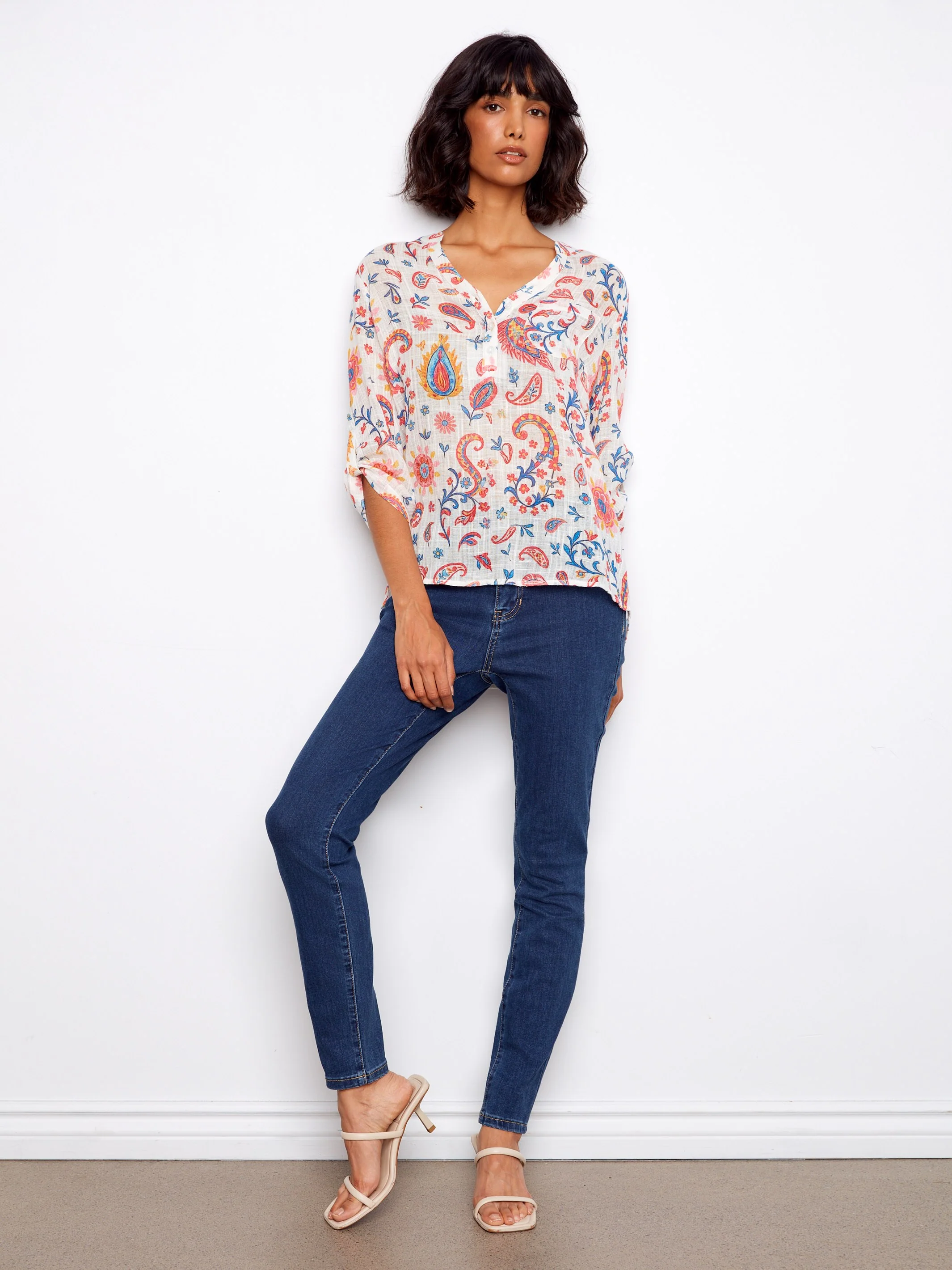 Printed Cotton Gauze Half-Button Blouse - Festive - Image 2