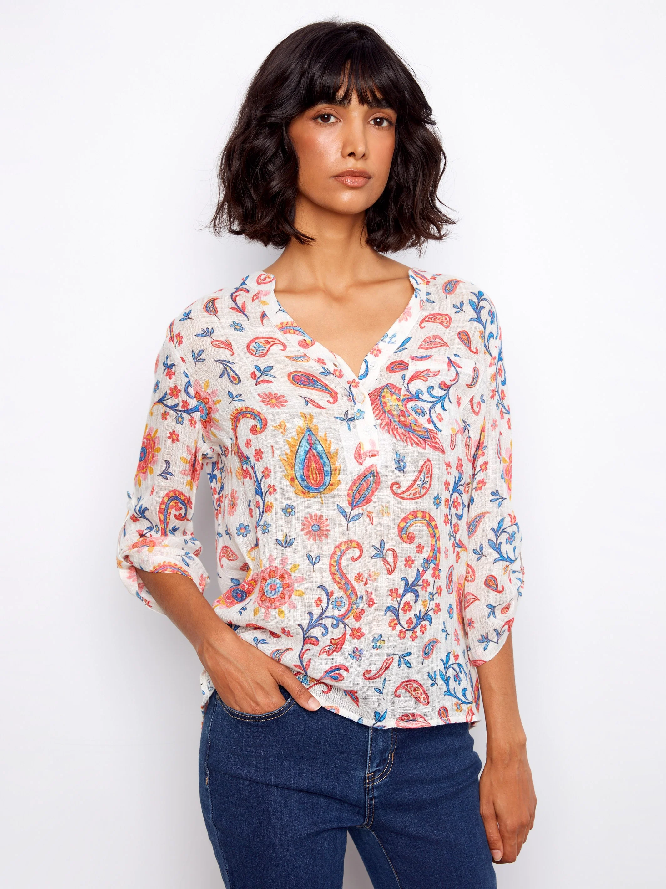 Printed Cotton Gauze Half-Button Blouse - Festive - Image 3