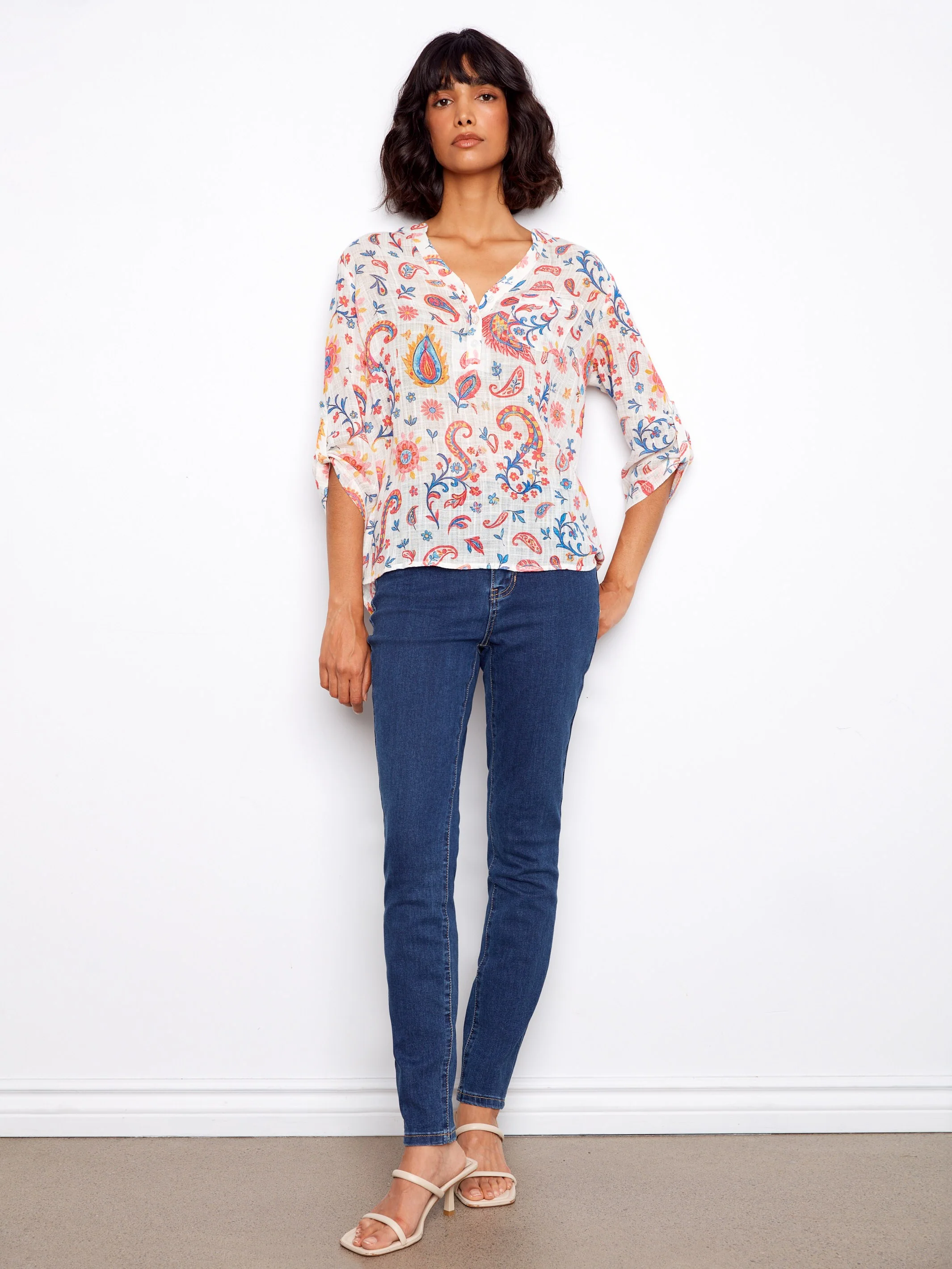 Printed Cotton Gauze Half-Button Blouse - Festive - Image 4