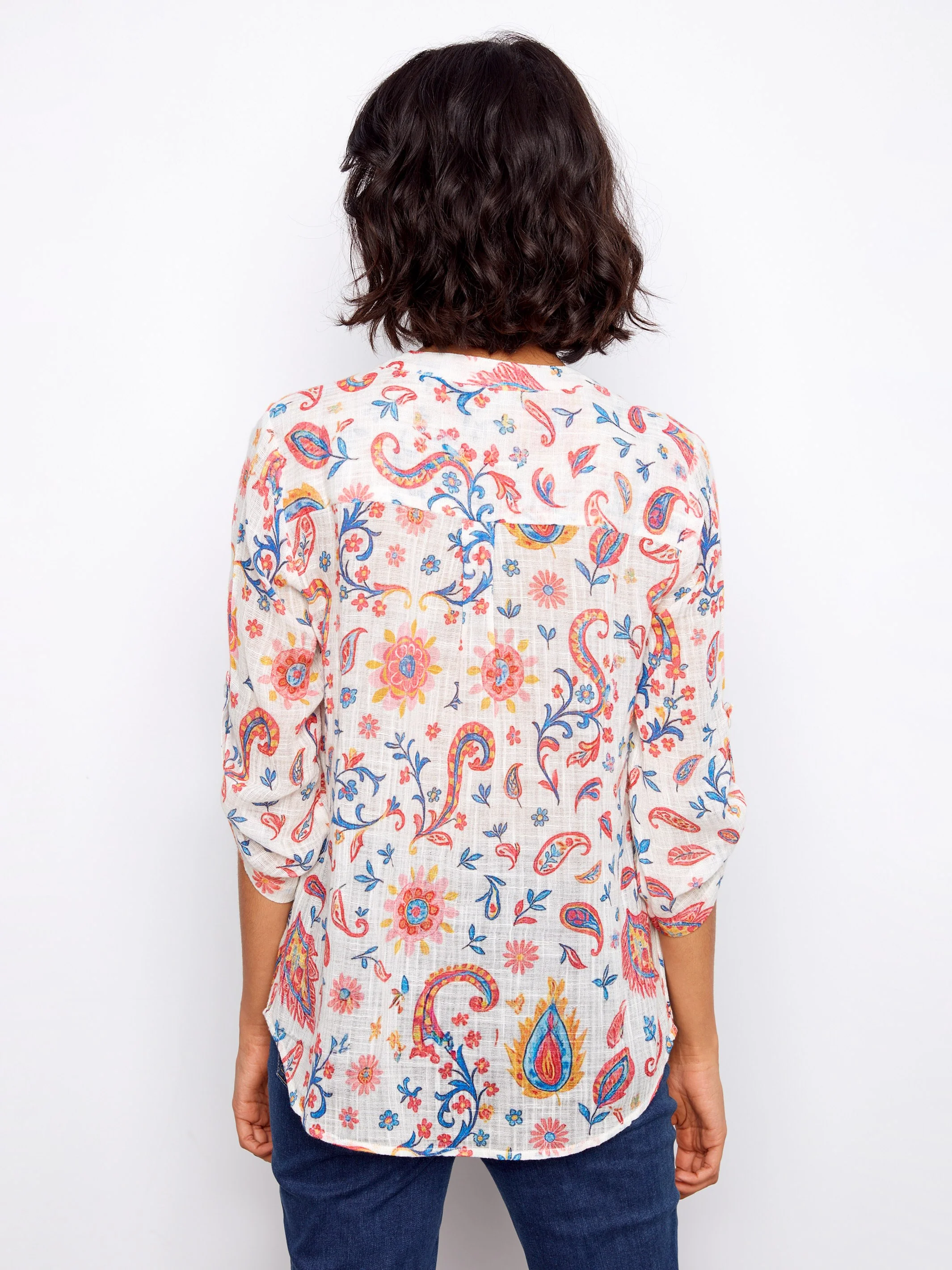 Printed Cotton Gauze Half-Button Blouse - Festive - Image 5
