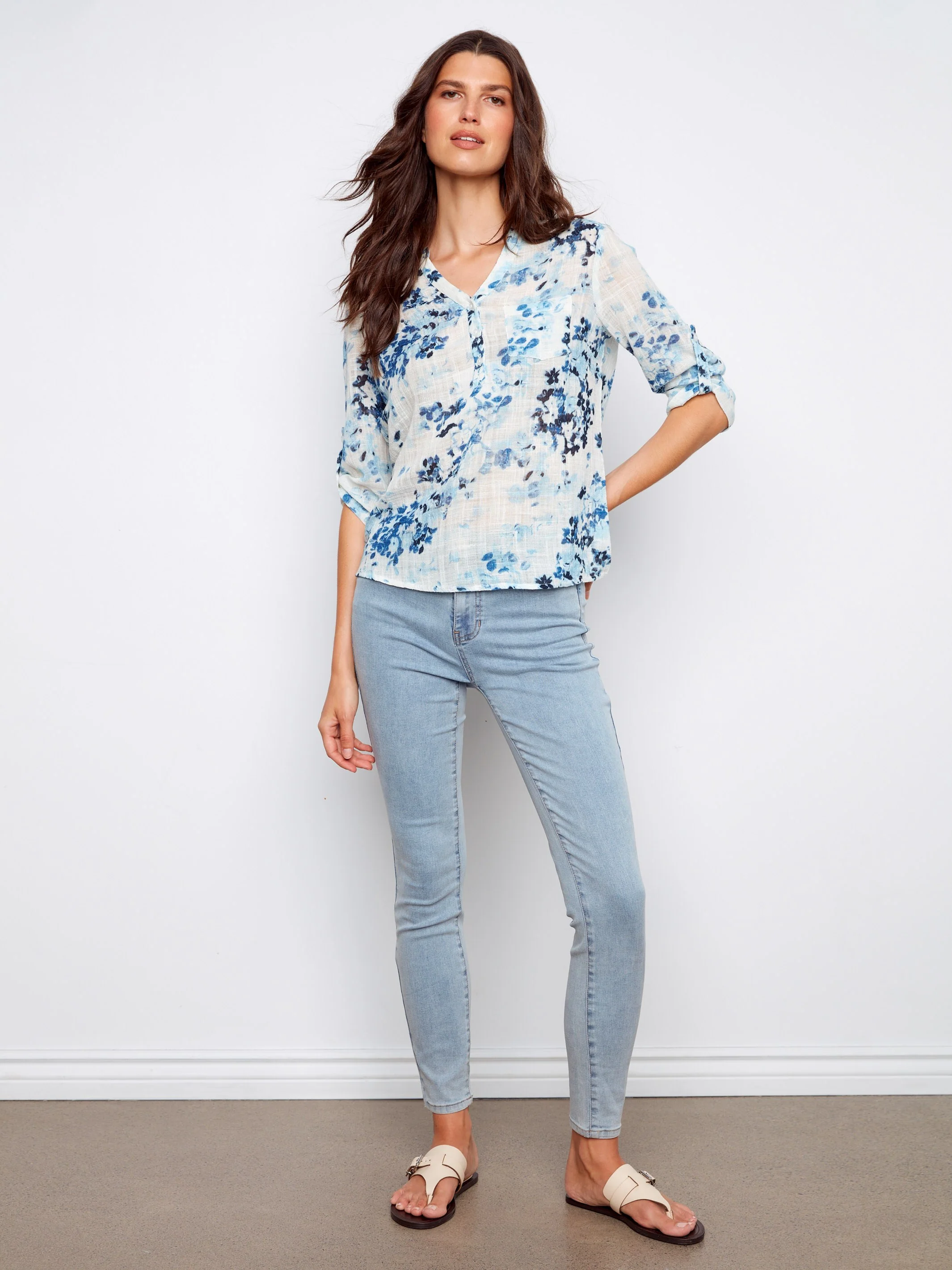 Printed Cotton Gauze Half-Button Blouse - Meadow - Image 2