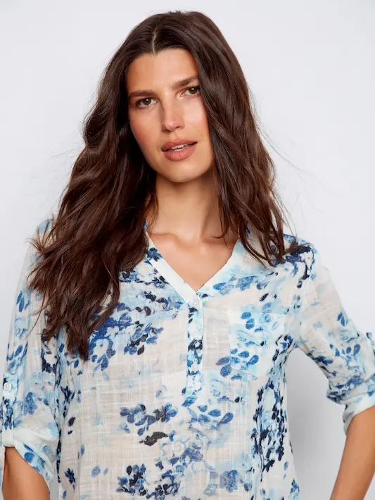 Printed Cotton Gauze Half-Button Blouse - Meadow - Image 5