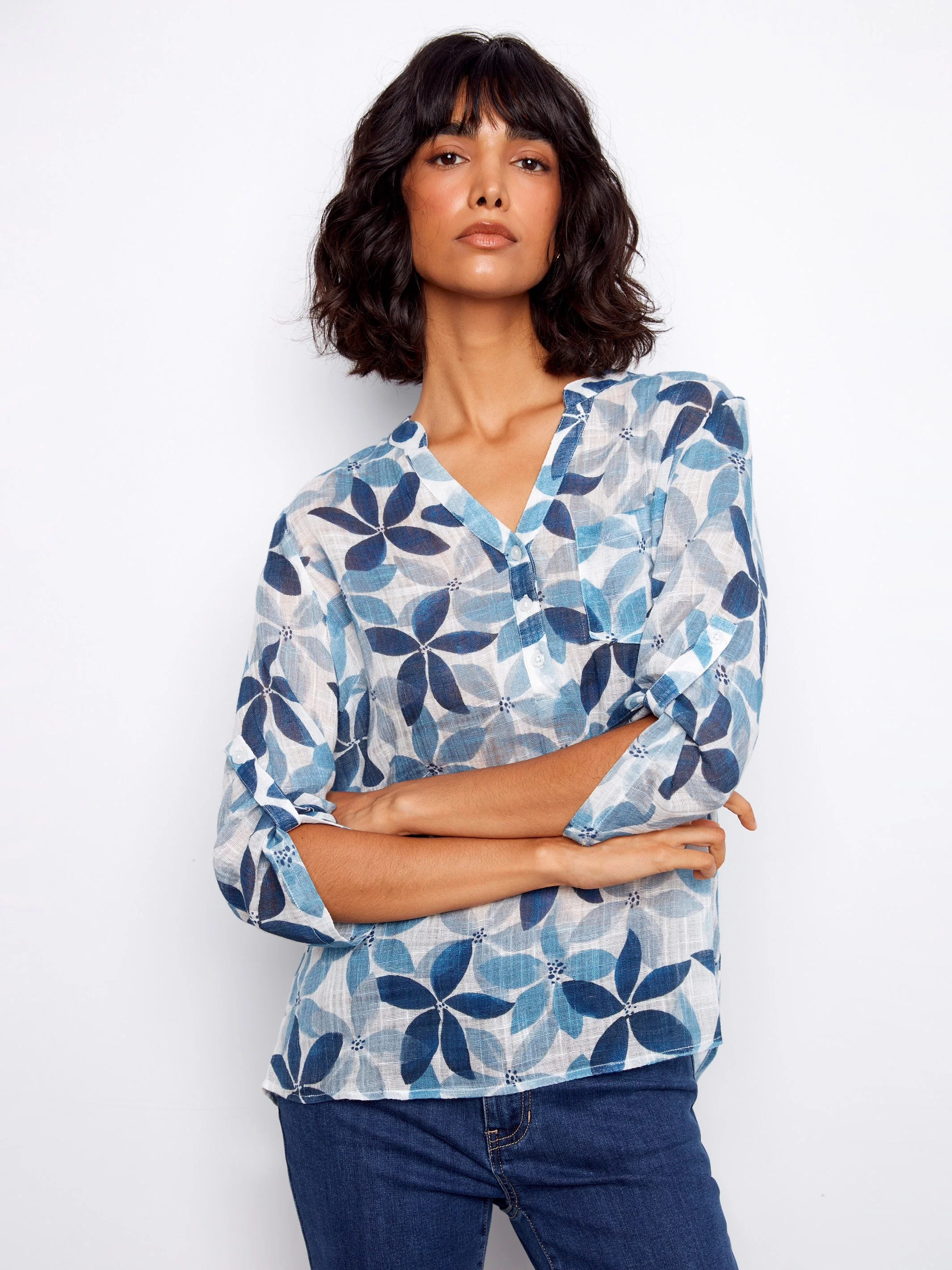 Printed Cotton Gauze Half-Button Blouse - Sapphire - Image 6
