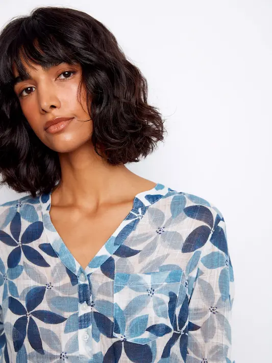 Printed Cotton Gauze Half-Button Blouse - Sapphire - Image 8