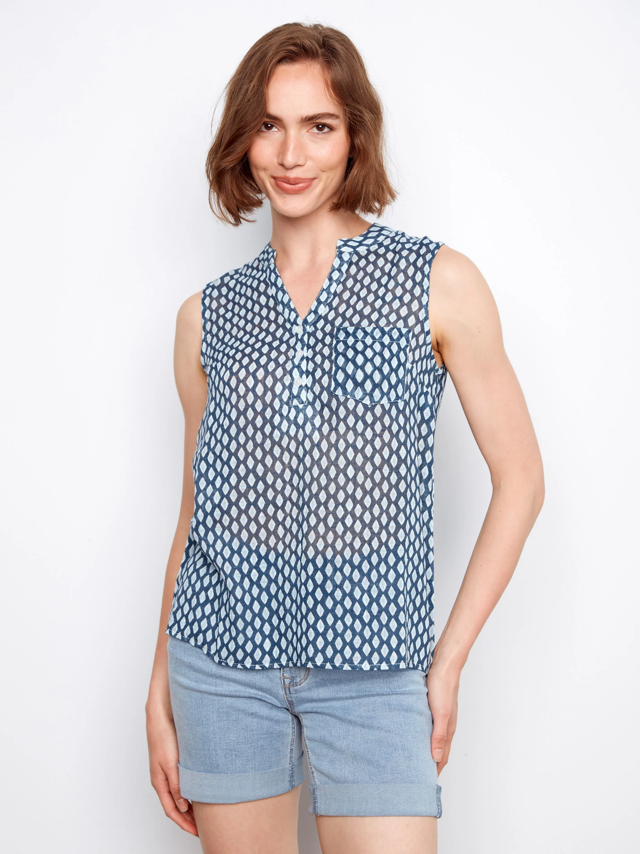 Printed Cotton Gauze Sleeveless Shirt - Mini - Image 4