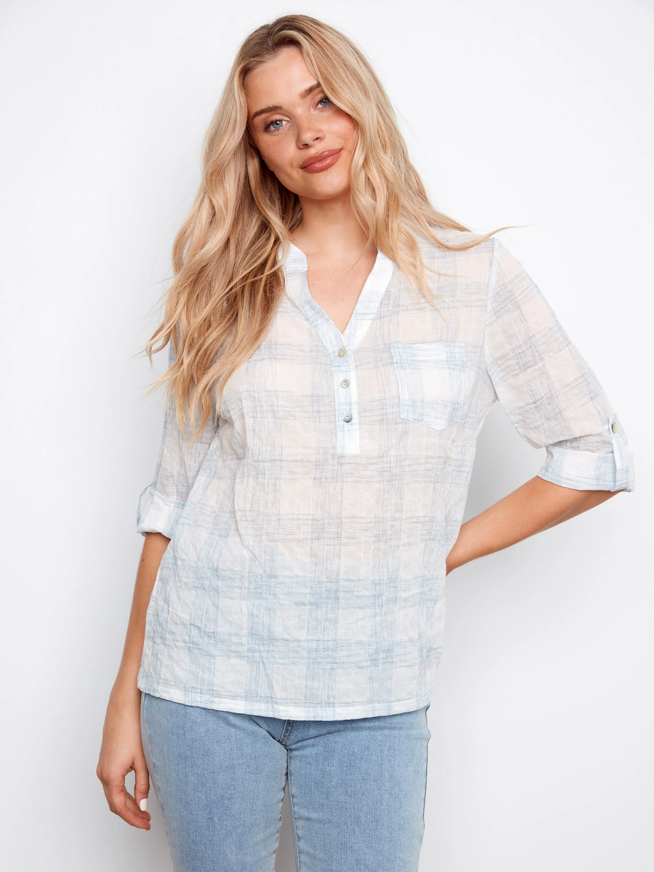 Printed Cotton Voile Half-Button Blouse - Etched