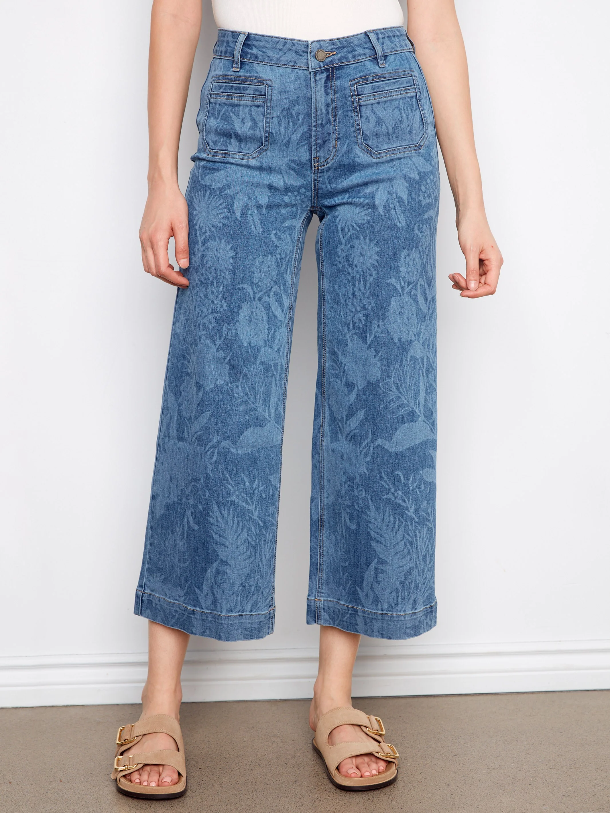 Printed Cropped Patch Pocket Flare Jeans - Flowers - Image 6