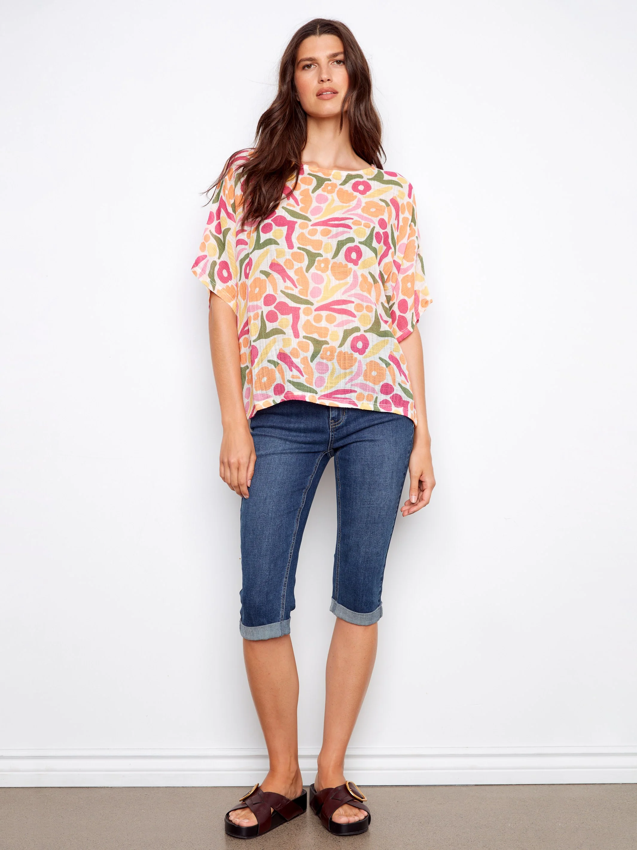 Printed Dolman Cotton Blend Blouse - Sunburst - Image 2
