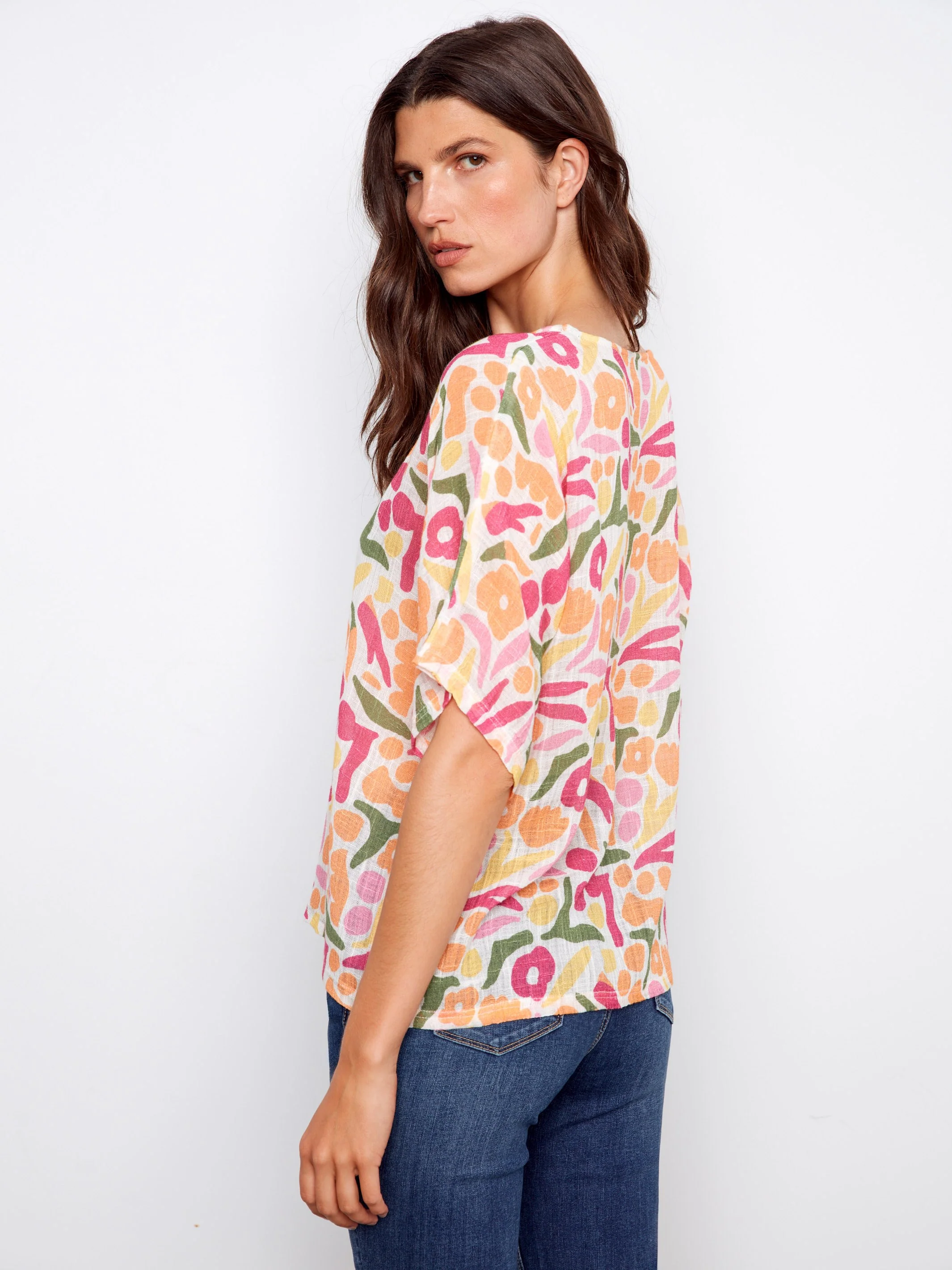 Printed Dolman Cotton Blend Blouse - Sunburst - Image 3