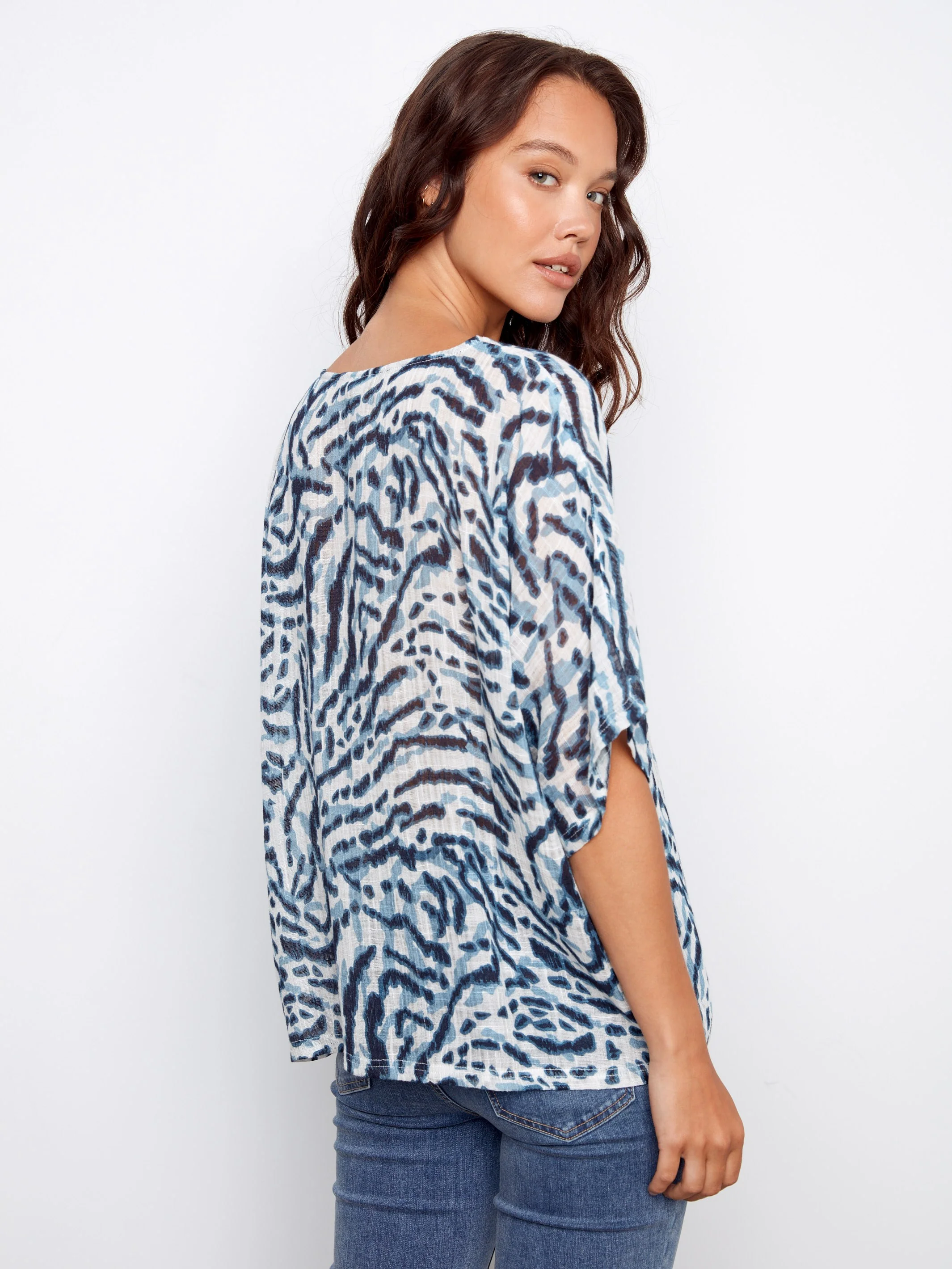 Printed Dolman Cotton Blend Blouse - Zebra - Image 3