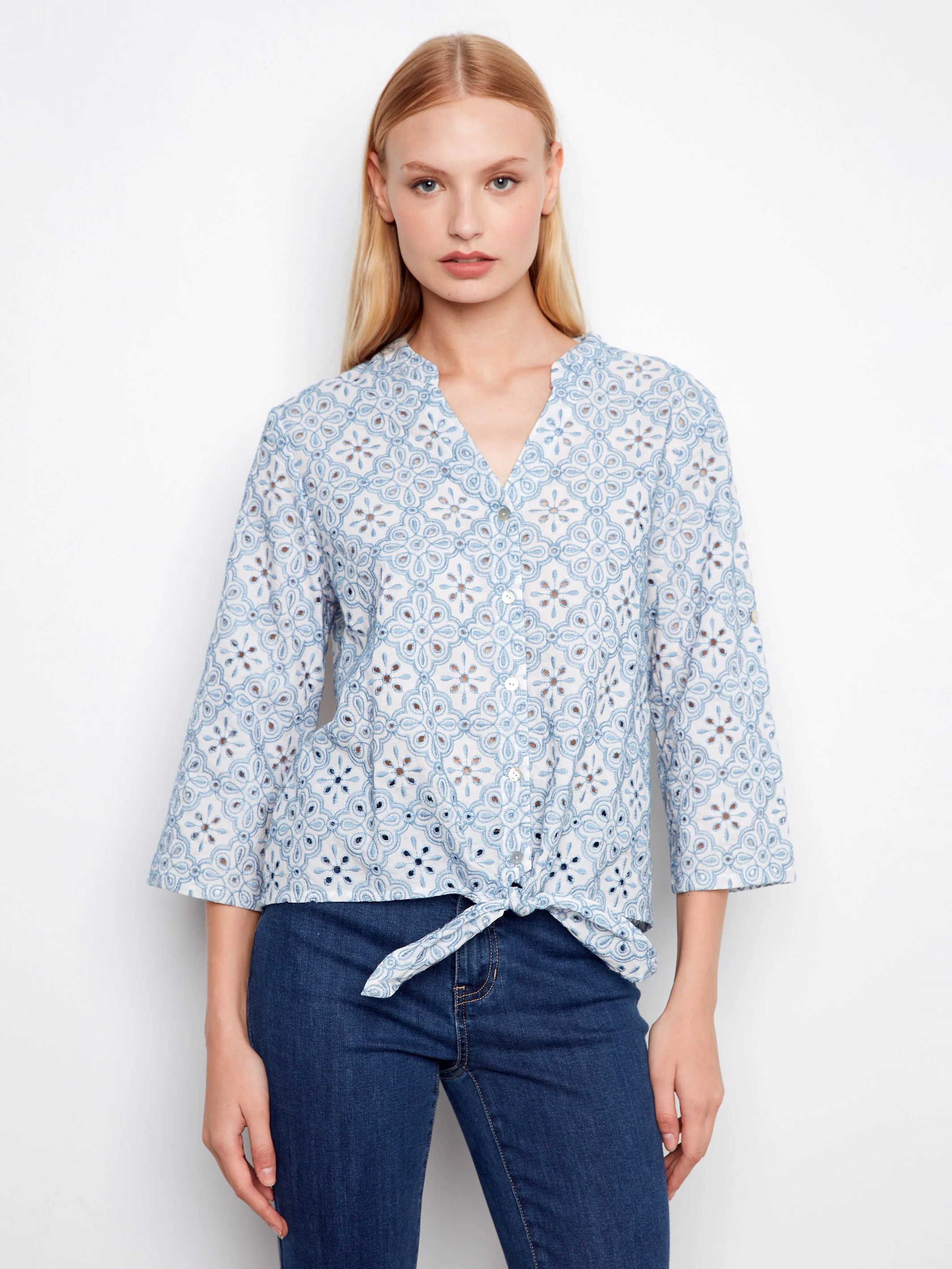 Printed Eyelet Cotton Blouse With Front Tie - Blue - Image 3