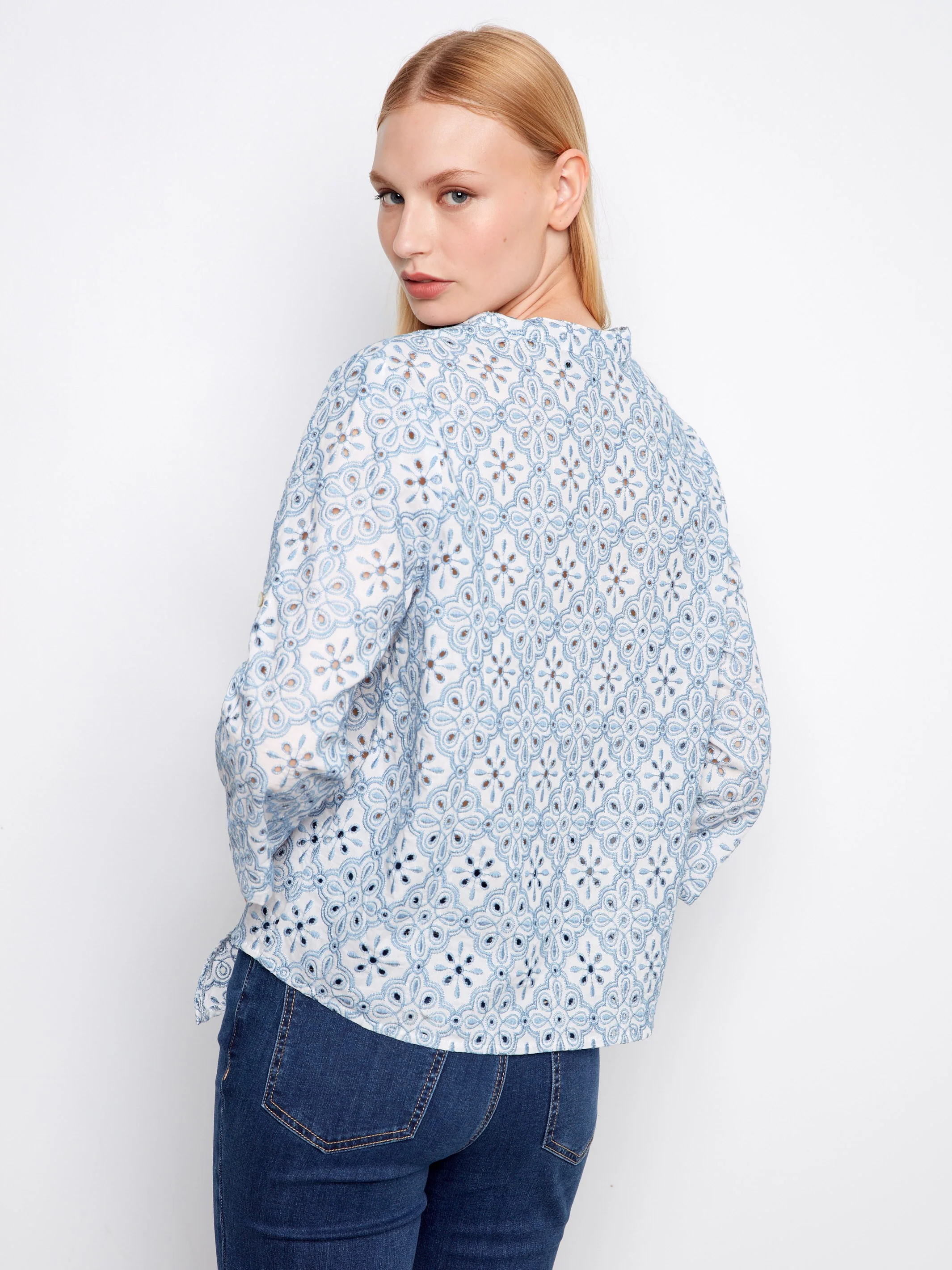 Printed Eyelet Cotton Blouse With Front Tie - Blue - Image 4