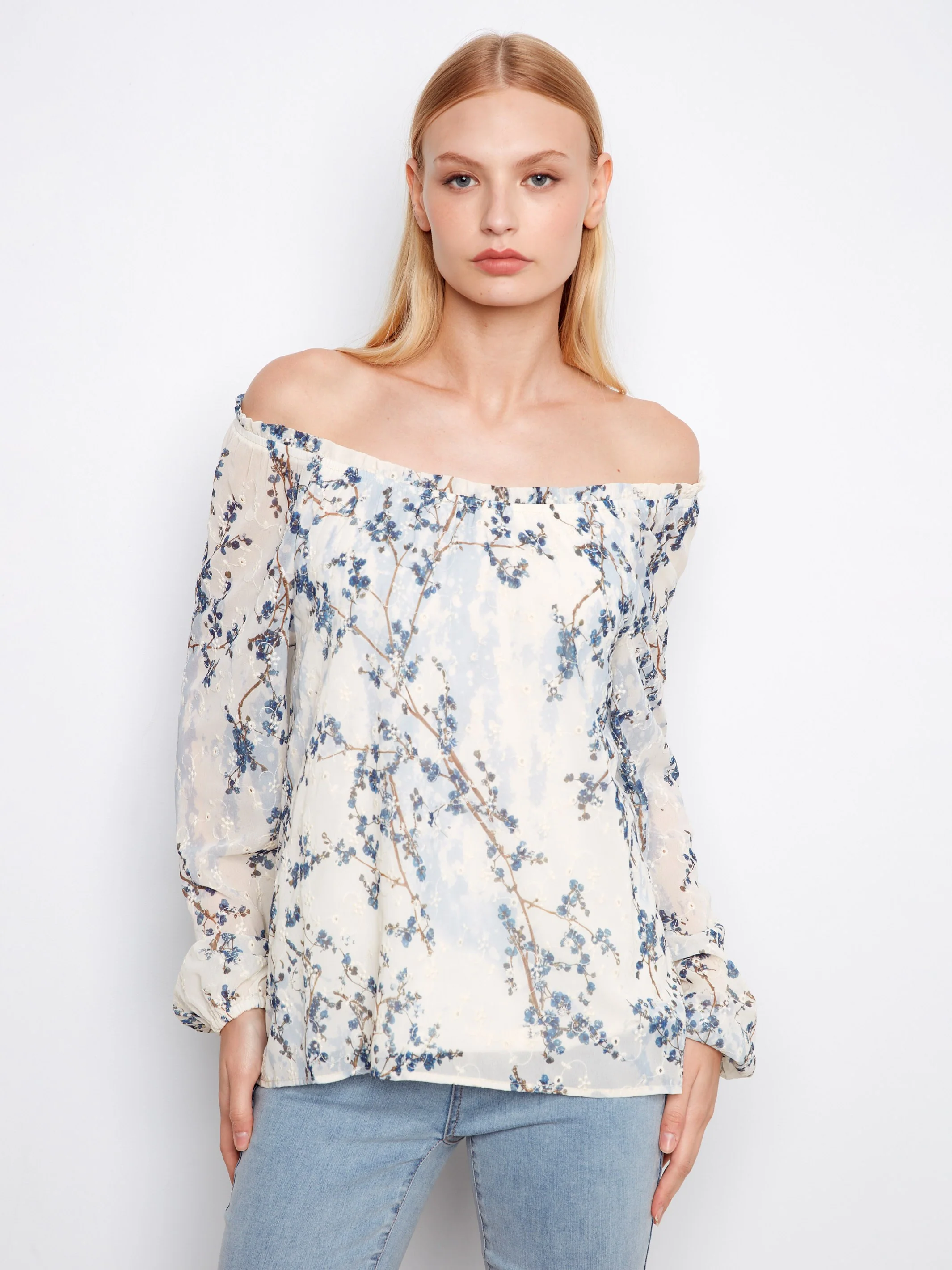 Printed Eyelet Off-Shoulder Blouse - Blossom - Image 3