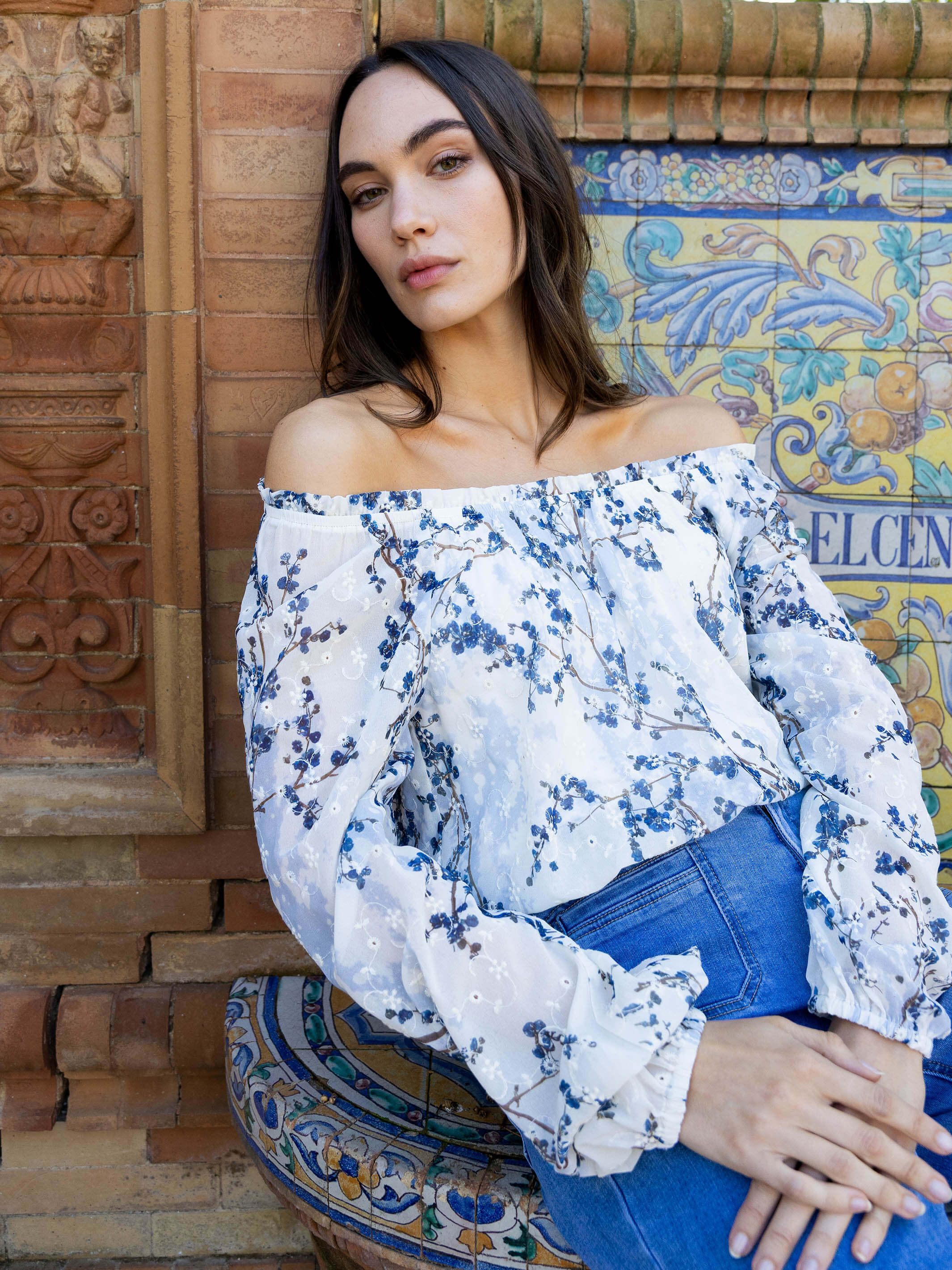 Printed Eyelet Off-Shoulder Blouse - Blossom - Image 7