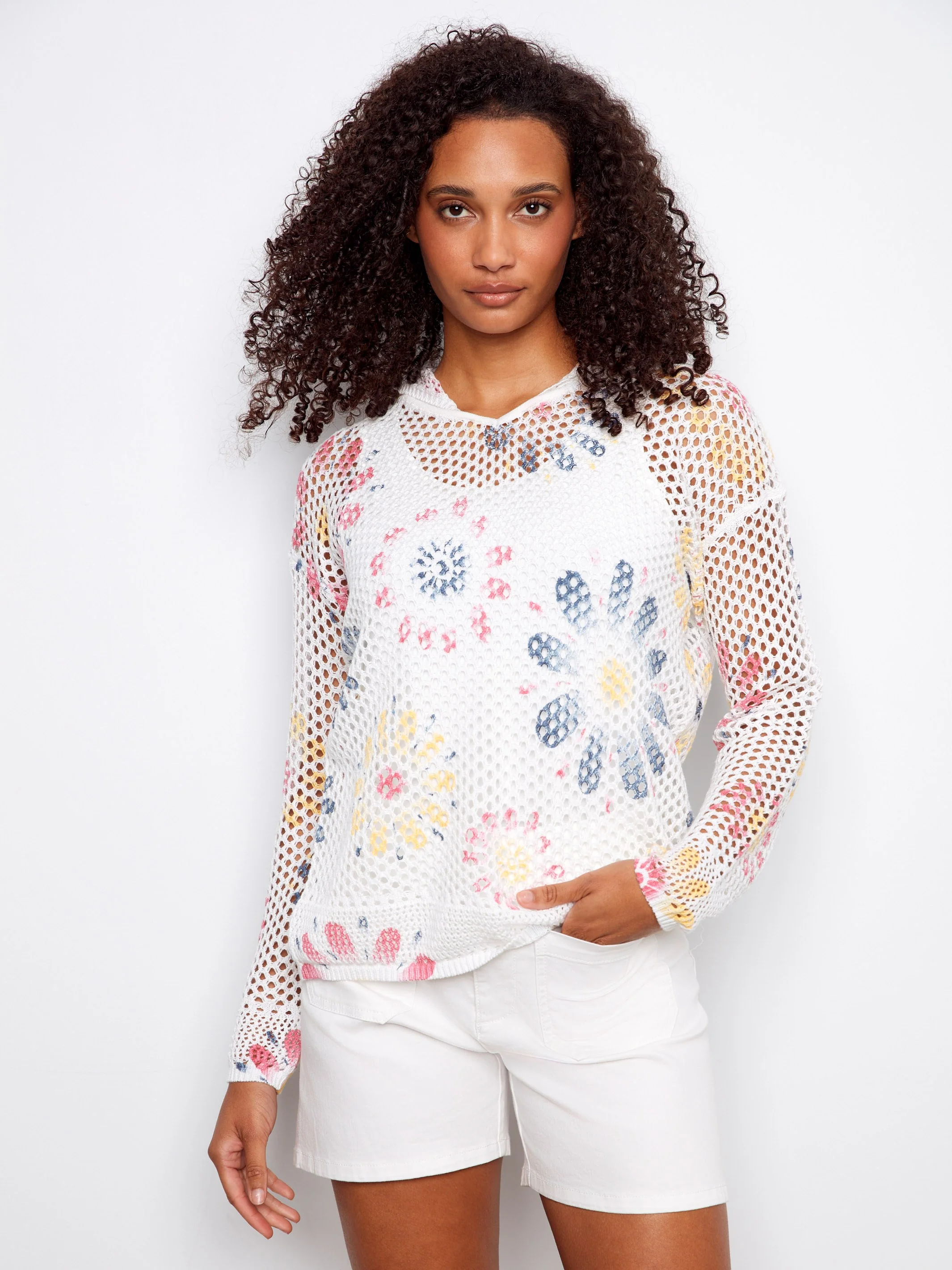 Printed Fishnet Crochet Hoodie Sweater - Daisies - Image 4