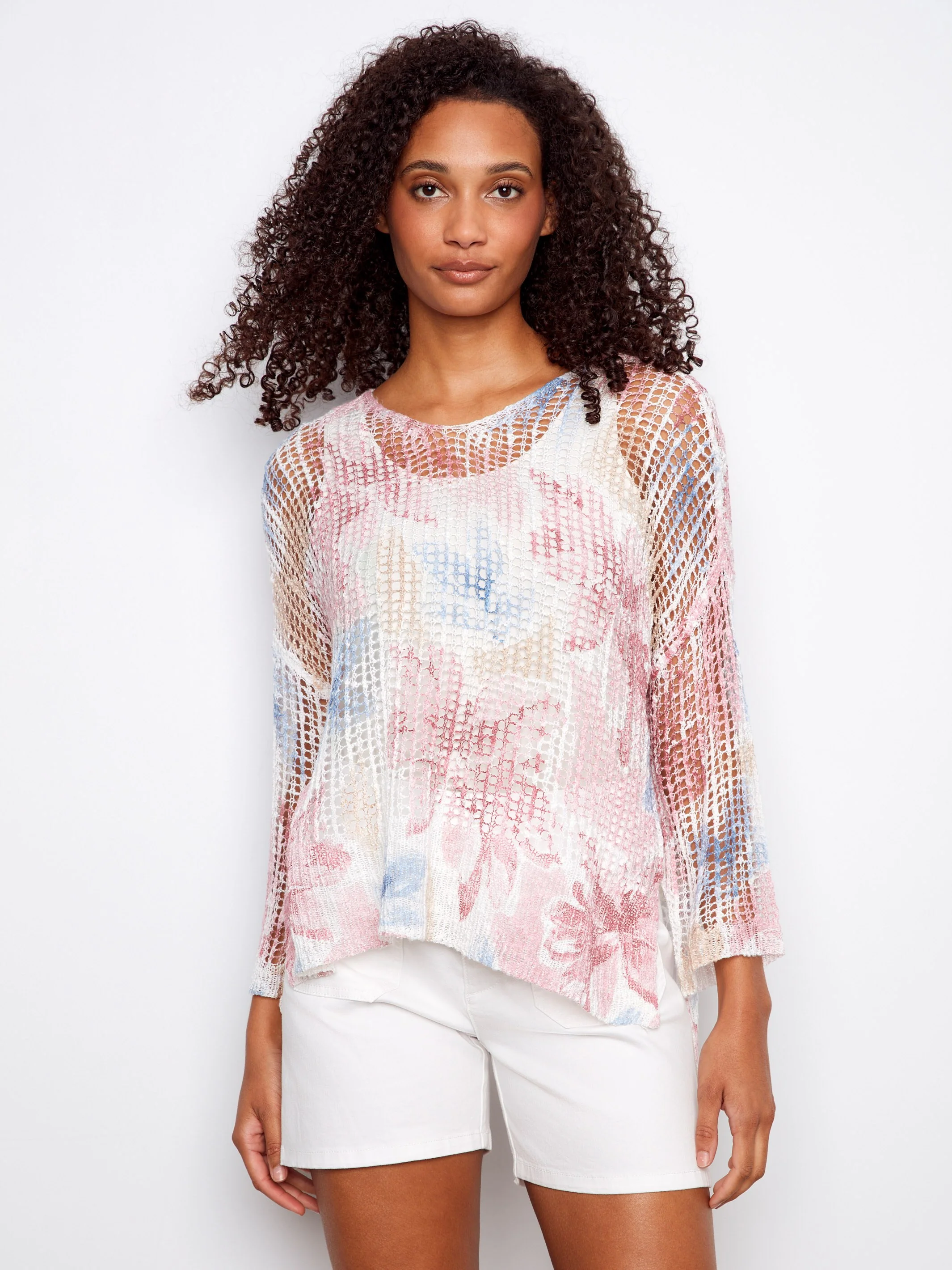 Printed Fishnet Crochet Sweater - Flowery - Image 3