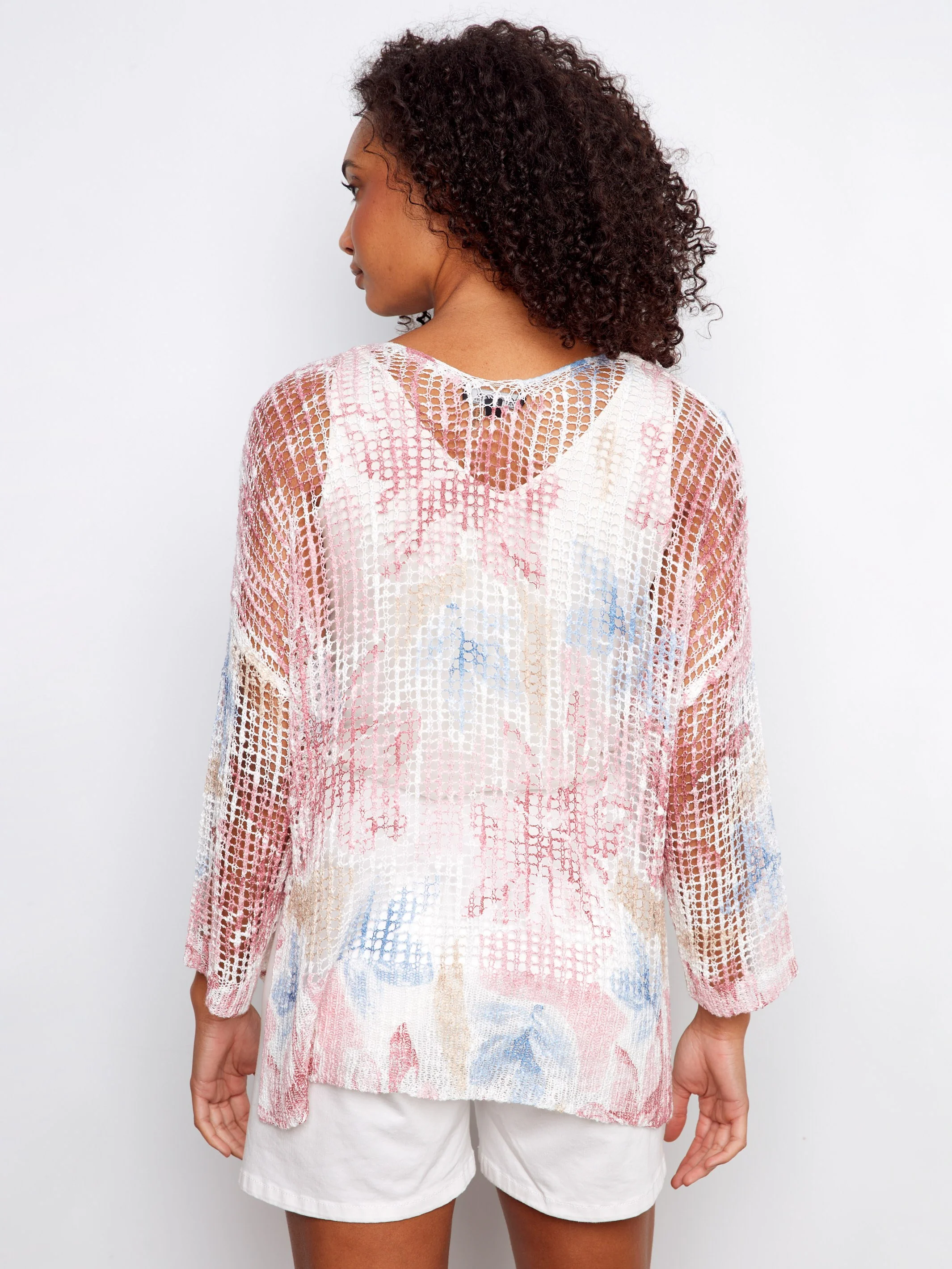 Printed Fishnet Crochet Sweater - Flowery - Image 4