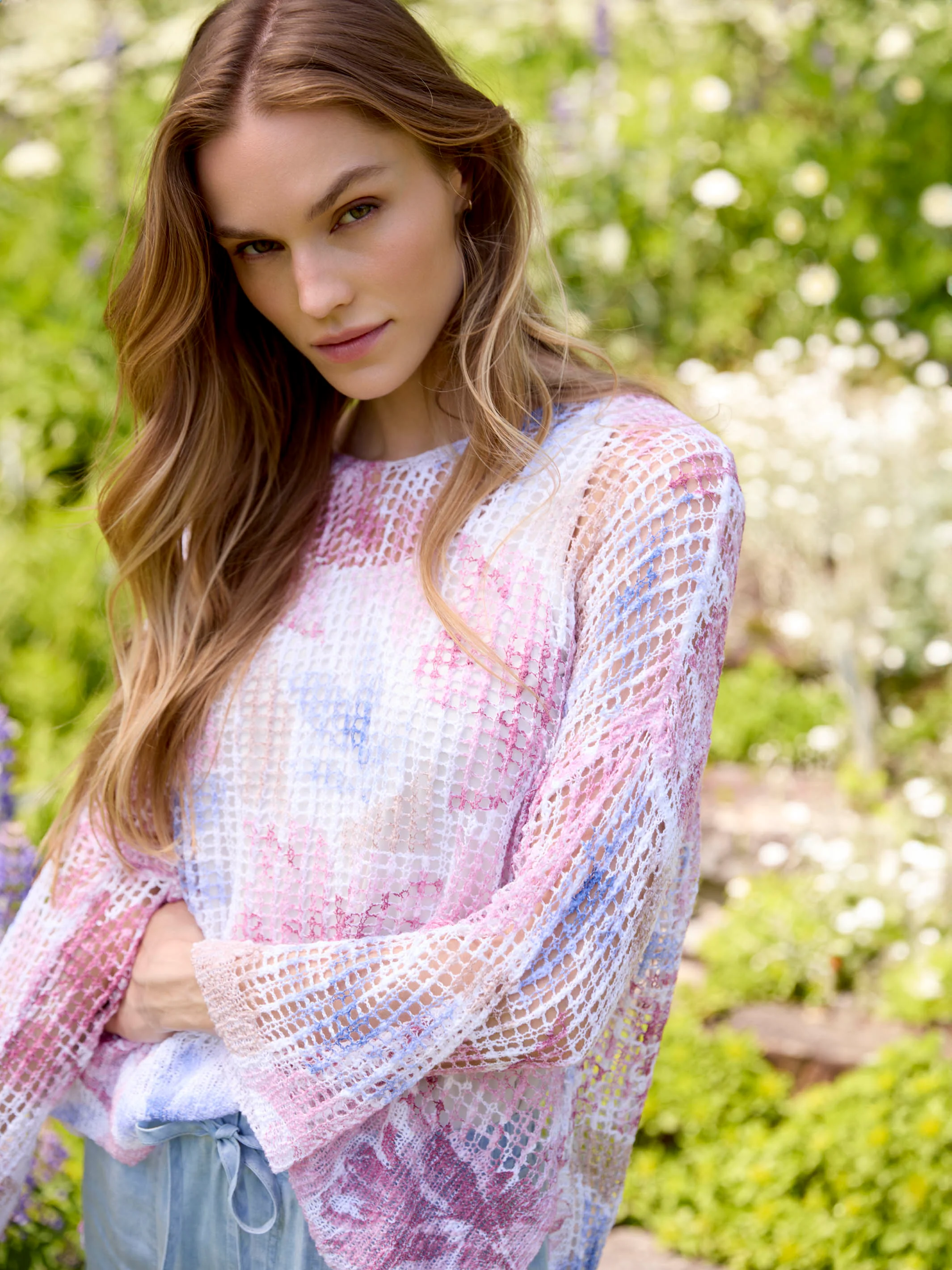 Printed Fishnet Crochet Sweater - Flowery - Image 6
