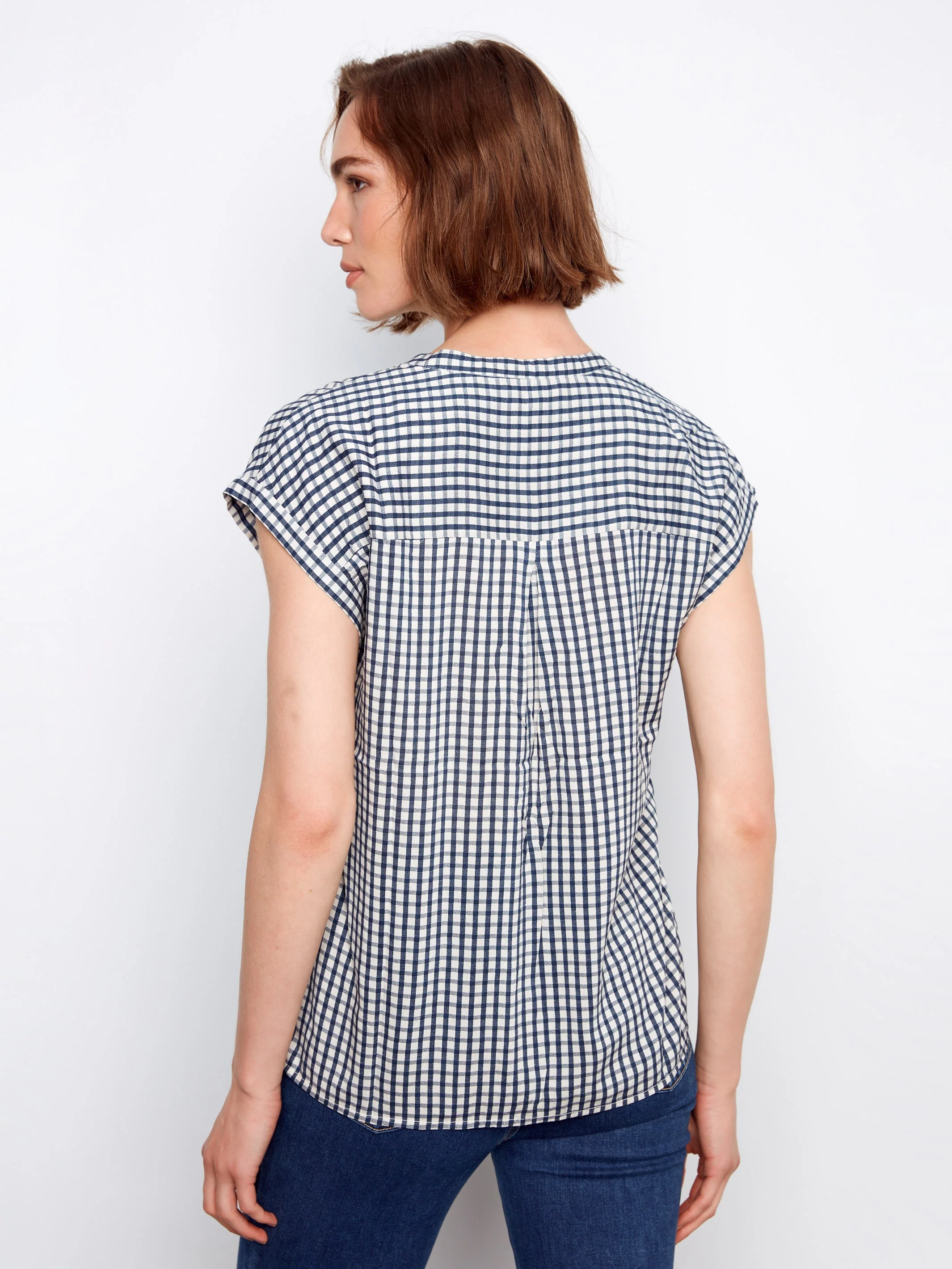 Printed Gingham Button-Up Blouse - Navy - Image 3