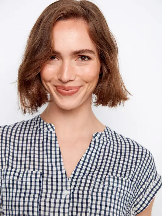Printed Gingham Button-Up Blouse - Navy - Image 4