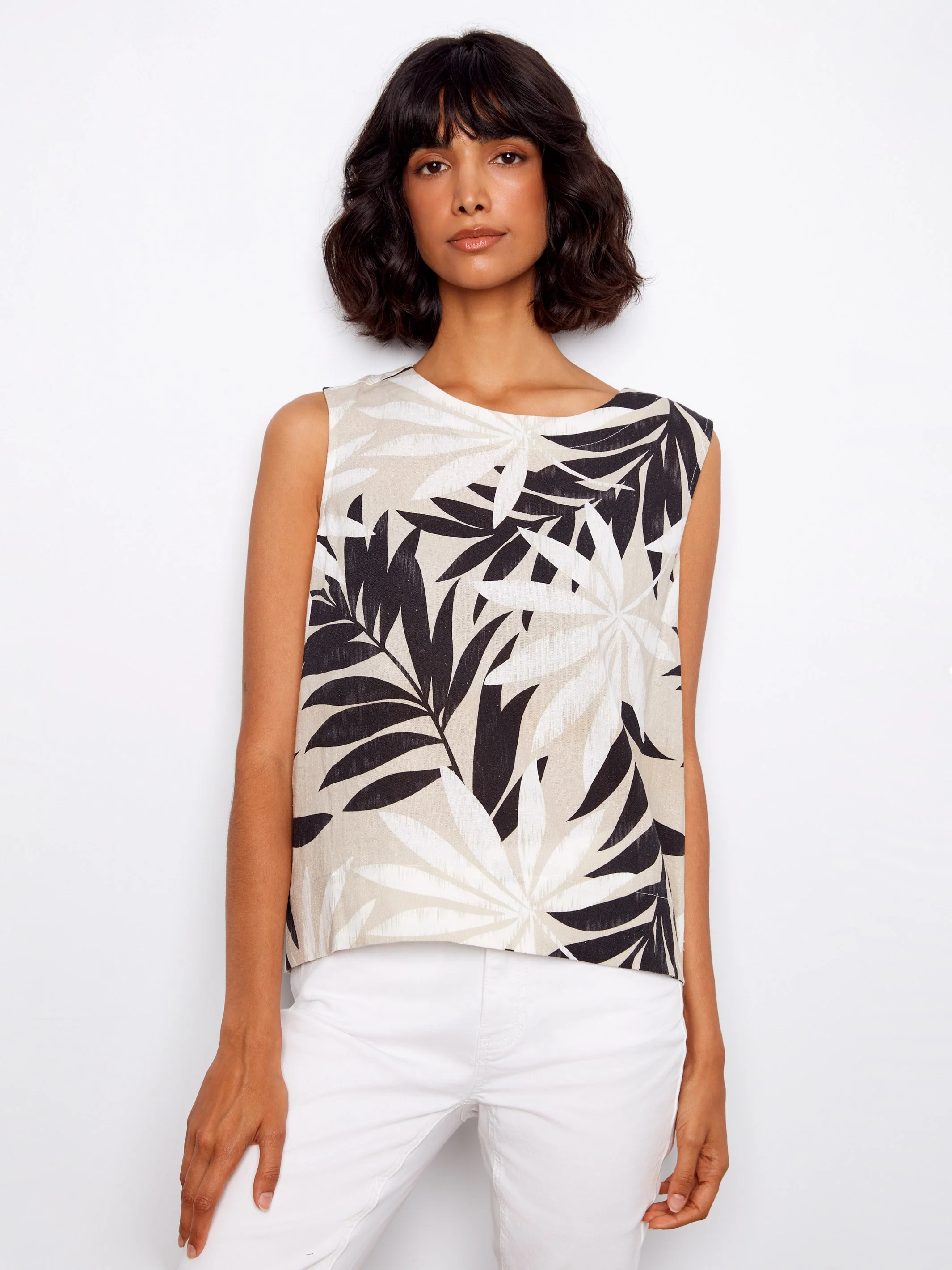 Printed Linen Blend Blouse With Back Button Detail - Leaflet - Image 3