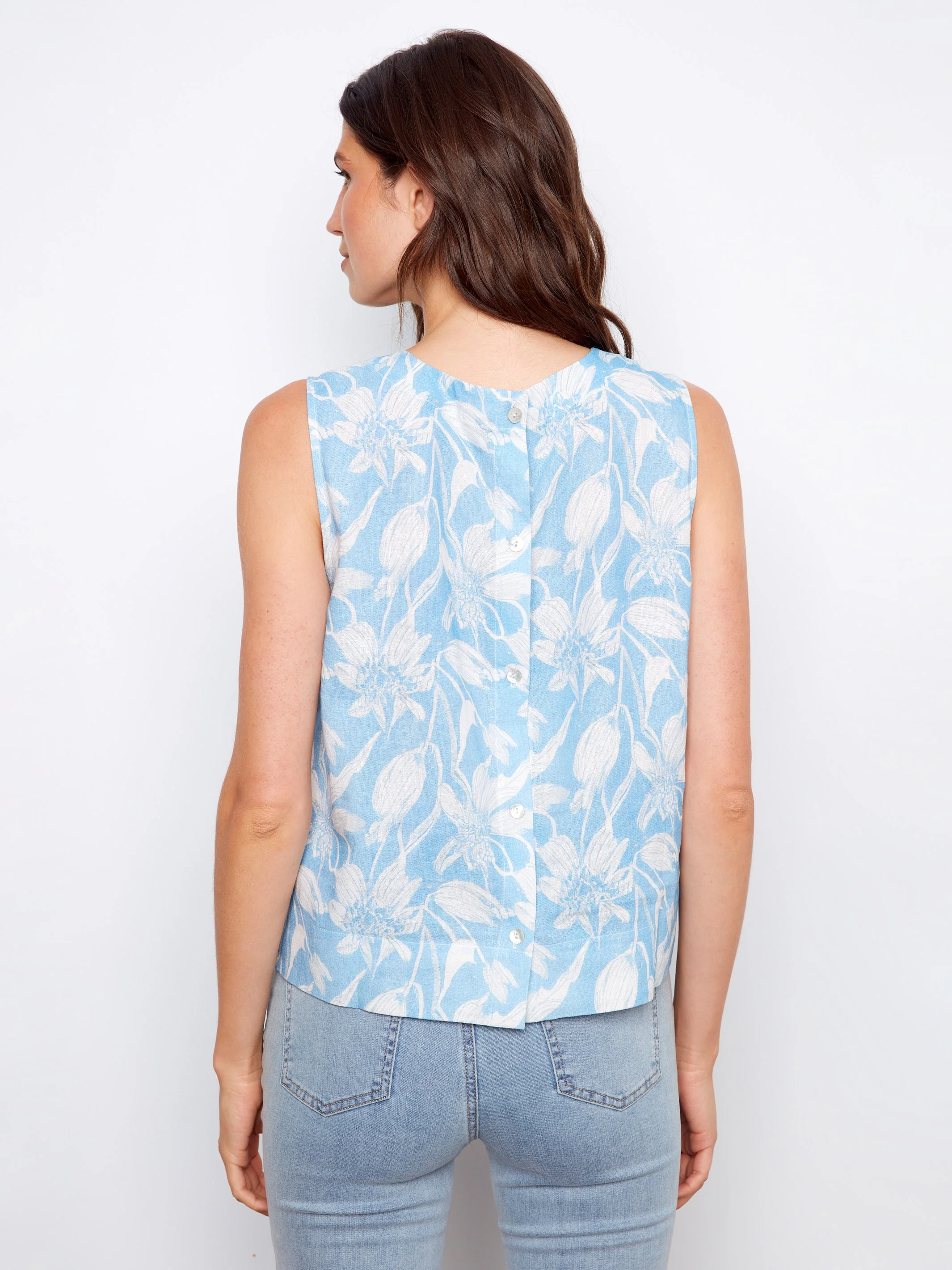 Printed Linen Blend Blouse With Back Button Detail - Veranda - Image 3