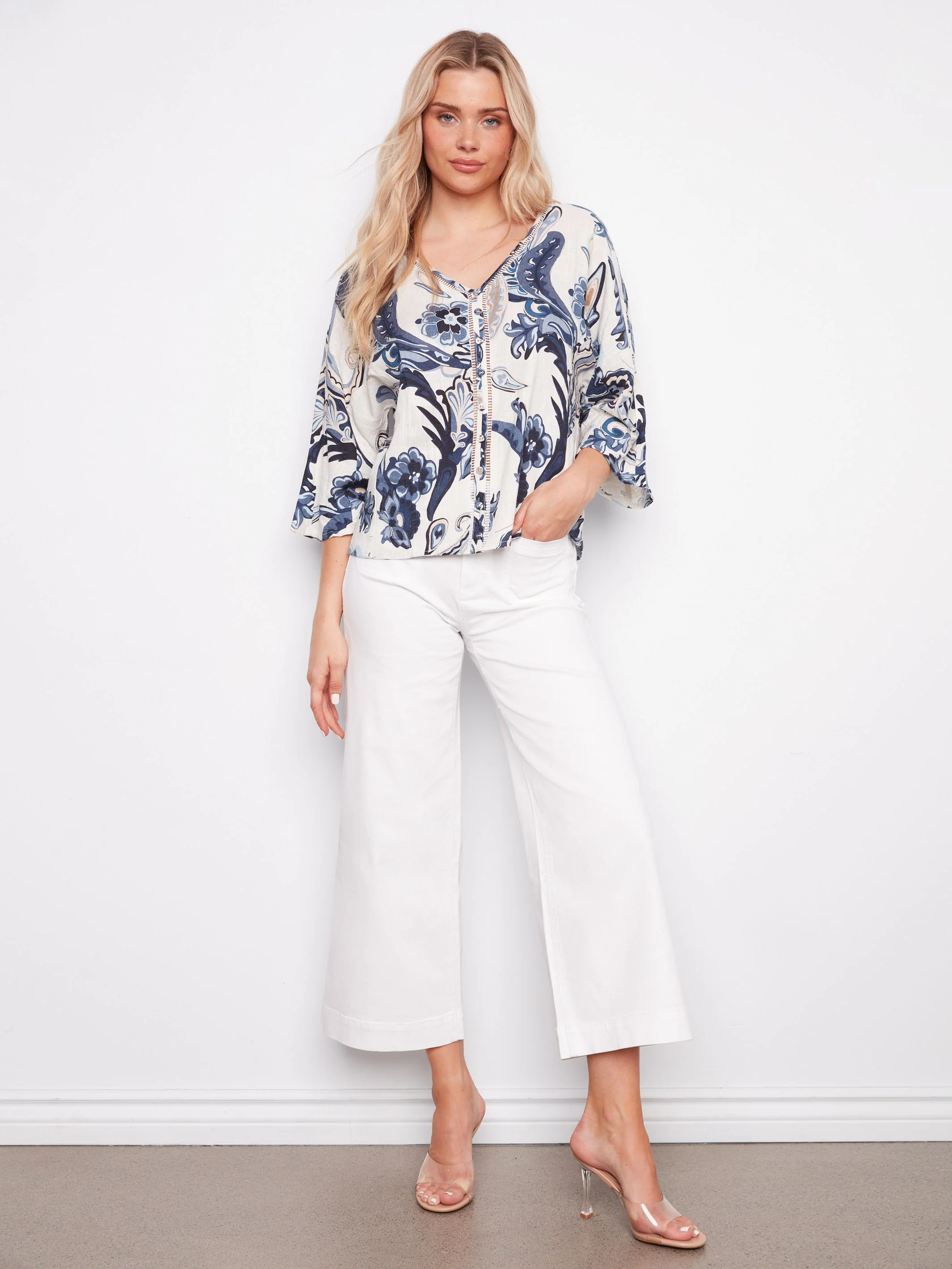 Printed Linen Blend Blouse With Front Button Detail - Paisley - Image 3