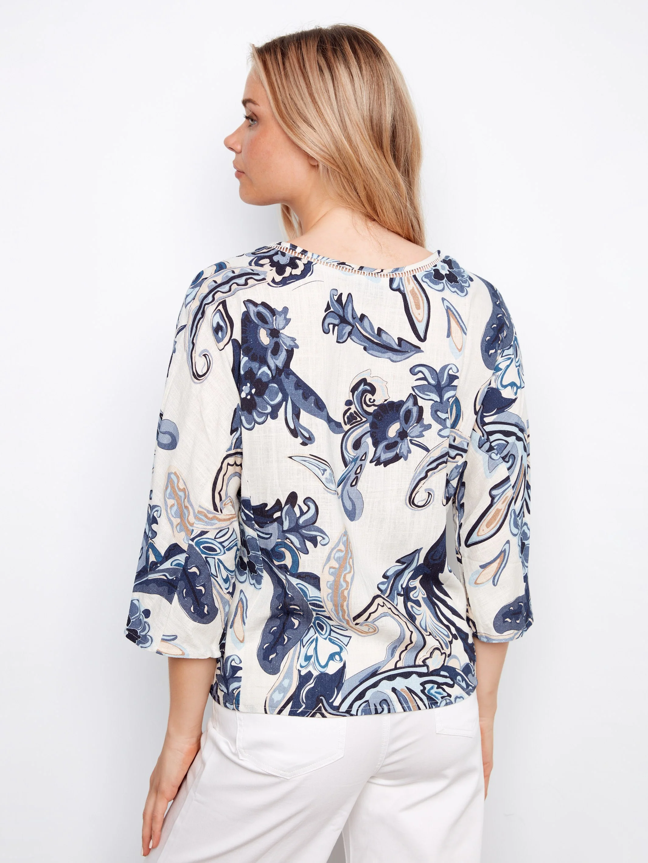 Printed Linen Blend Blouse With Front Button Detail - Paisley - Image 4