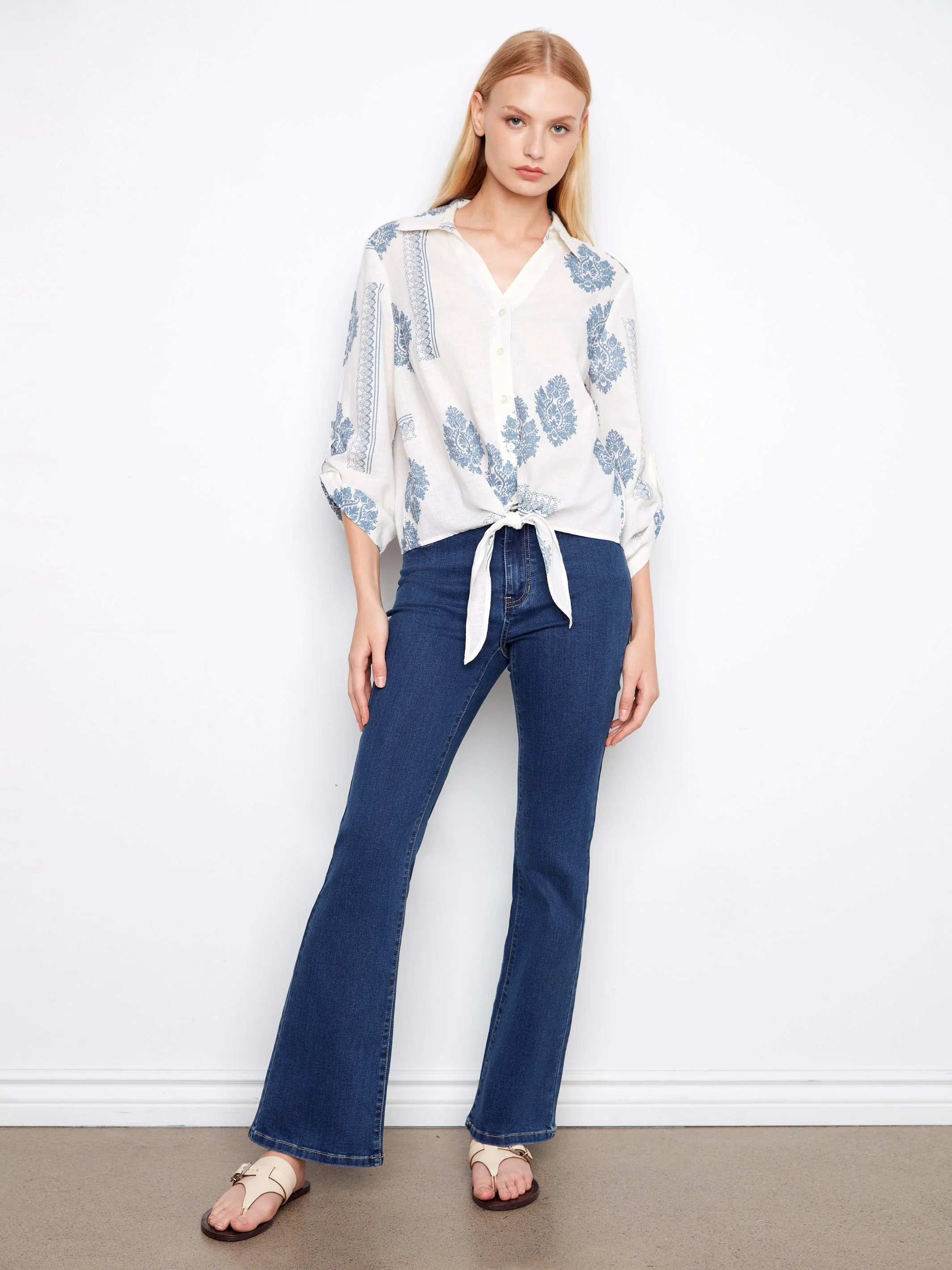 Printed Linen Blend Button-Up Blouse - Jean - Image 2