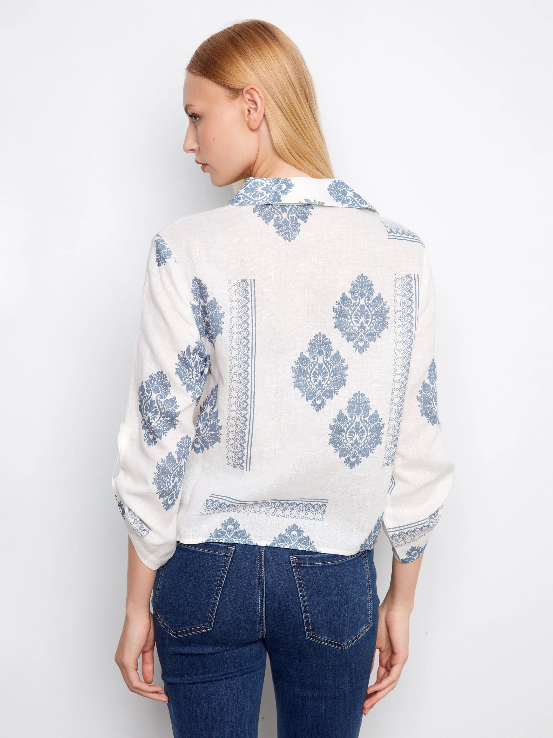 Printed Linen Blend Button-Up Blouse - Jean - Image 3